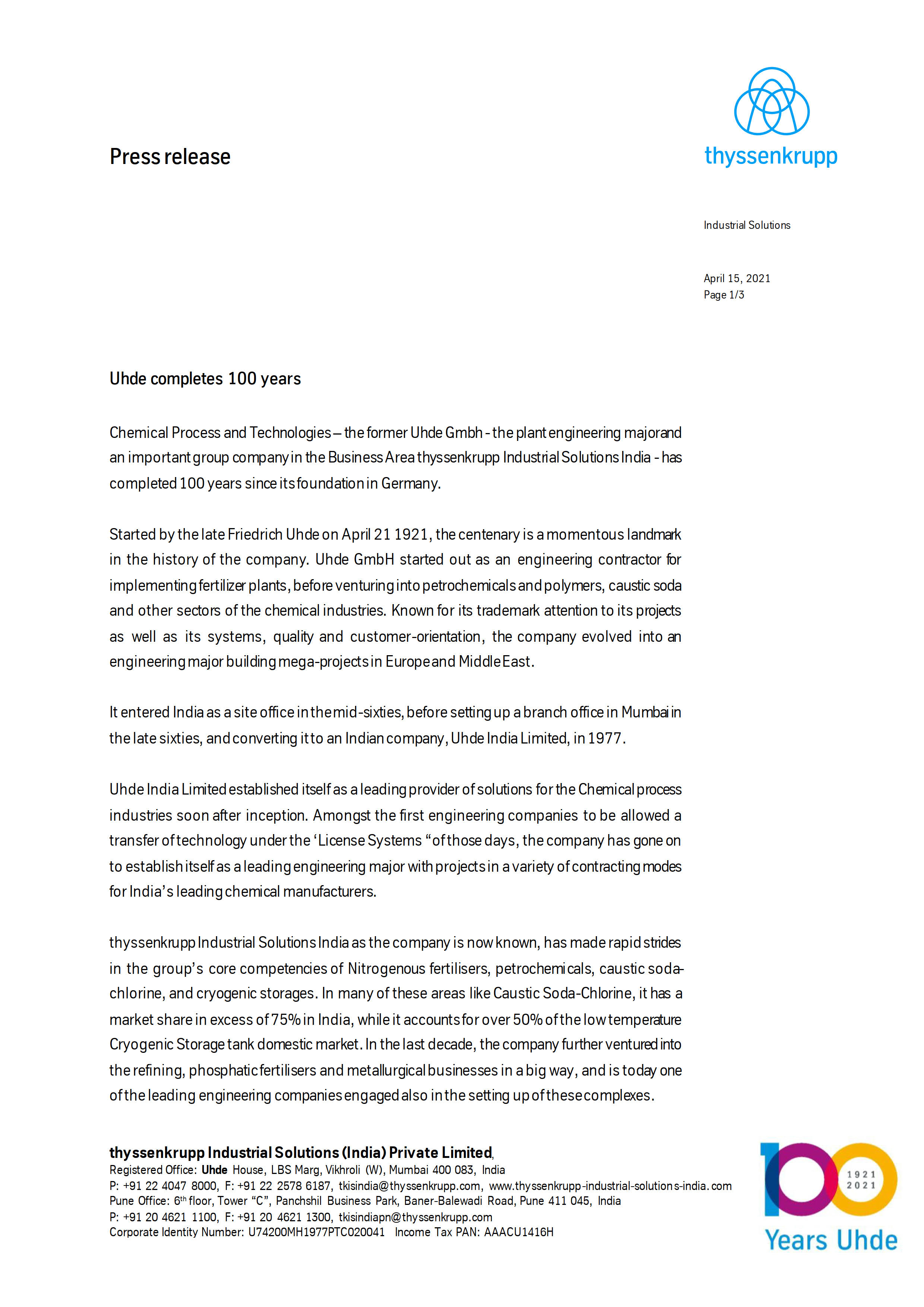 Engineering Company India Thyssenkrupp Industrial Solutions India