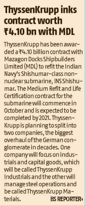 Thyssenkrupp inks contract worth Rs41.0 bn order with MDL Thyssenkrupp inks contract worth Rs41.0 bn order with MDL