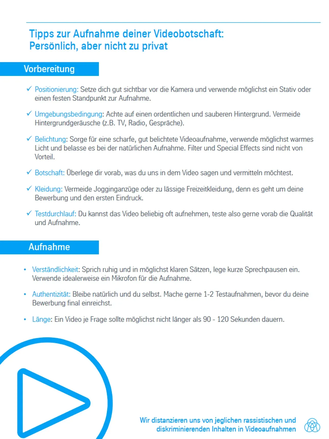 Darstellung Tipps und Tricks zur Videobewerbung
