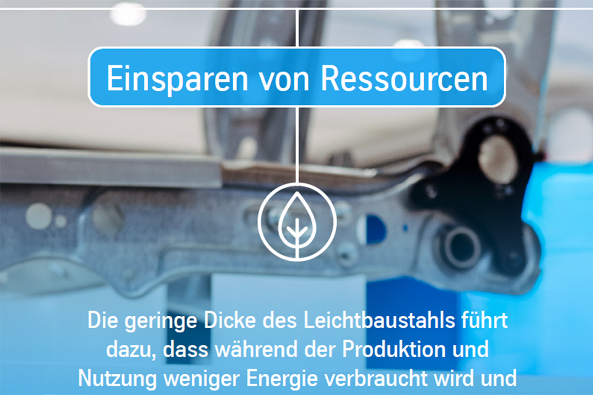 Infografik mit dem Text ‚Einsparen von Ressourcen‘ , Leichtbaustahl senkt Energieverbrauch in Produktion und Nutzung.