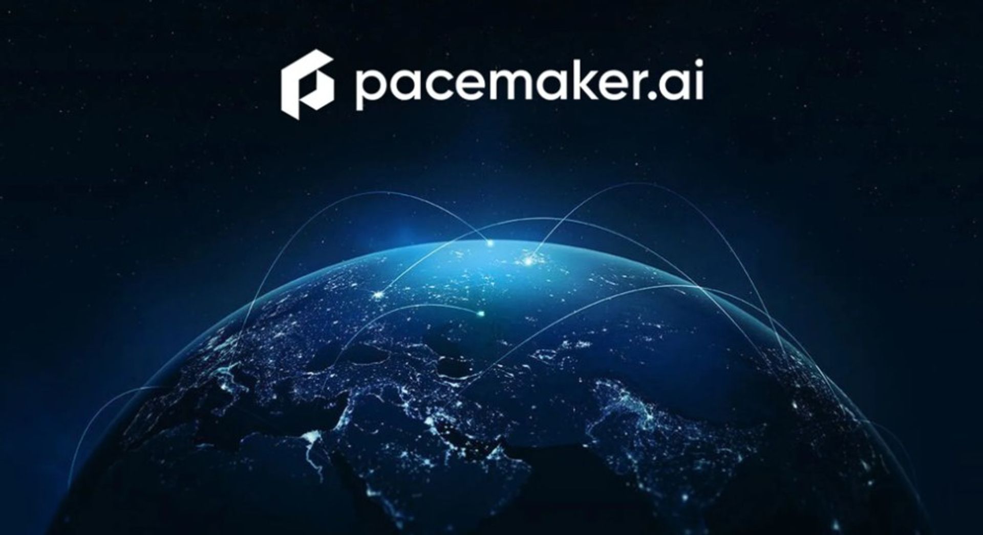 The pacemaker.ai logo above a digitally connected Earth. The image symbolizes the use of AI and data analysis to optimize global supply chains and make sustainability data transparent.