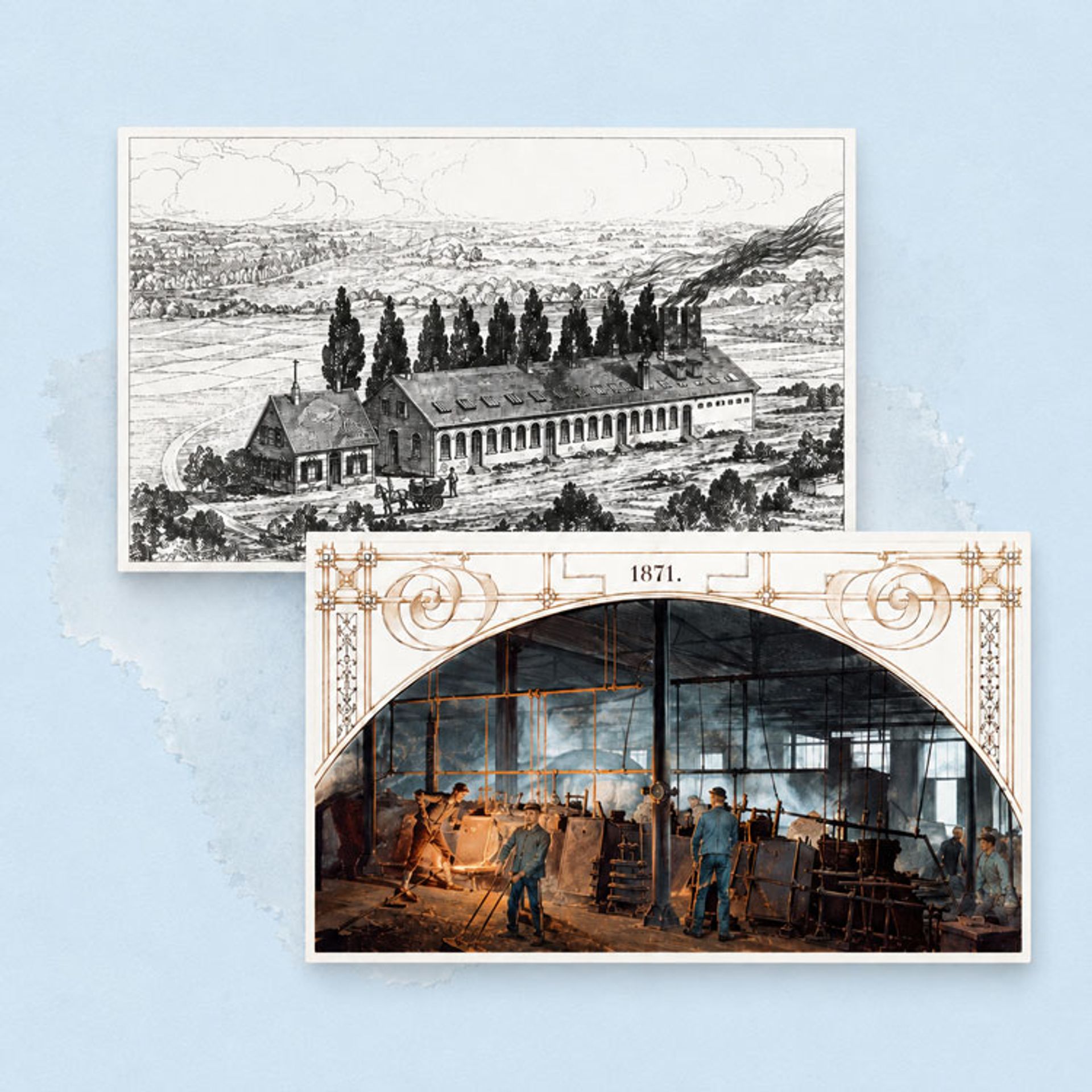 Zwei historische Motive zu den Gründungen der ersten Firmen von Thyssen und Krupp