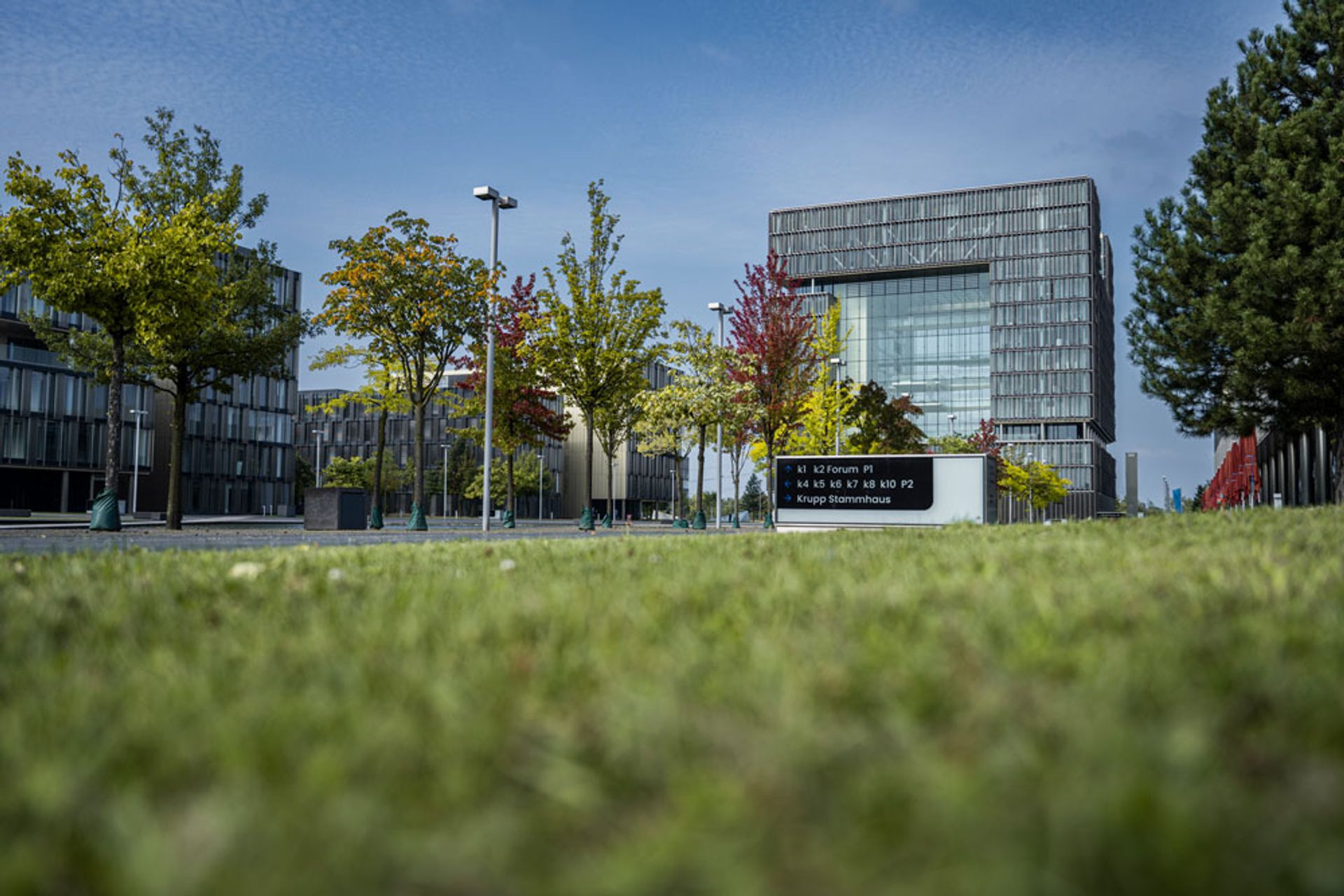 Die Rückseite der thyssenkrupp Zentrale in Essen: moderne Bürogebäude zwischen sommerlichen Bäumen, im Vordergrund ein Wegweiser zu den Gebäuden k1 bis k10 und zum Krupp Stammhaus.