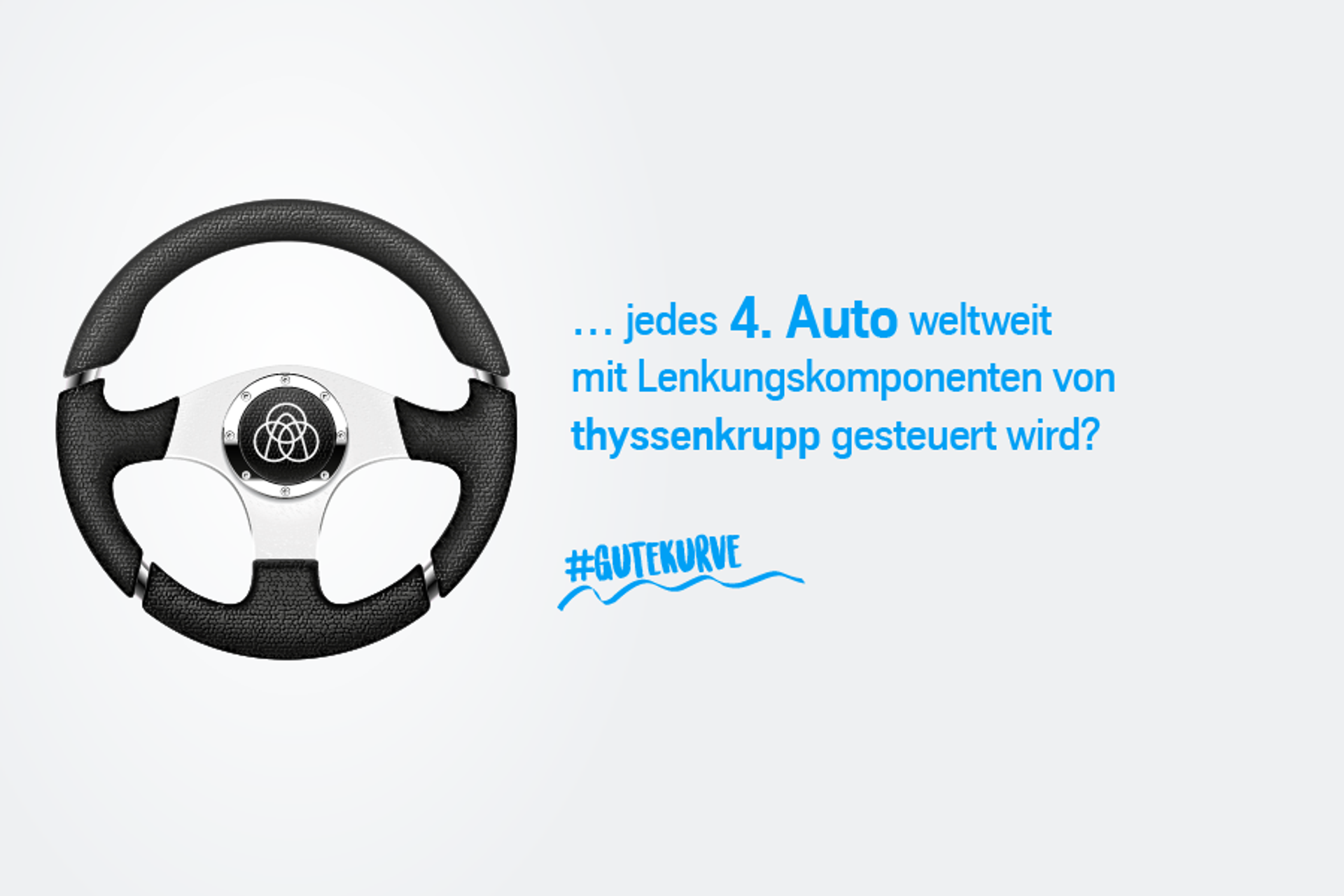 Darstellung eines Lenkrads mit Hinweis, dass jedes 4. Auto weltweit mit Lenkungskomponenten von thyssenkrupp gesteuert wird.