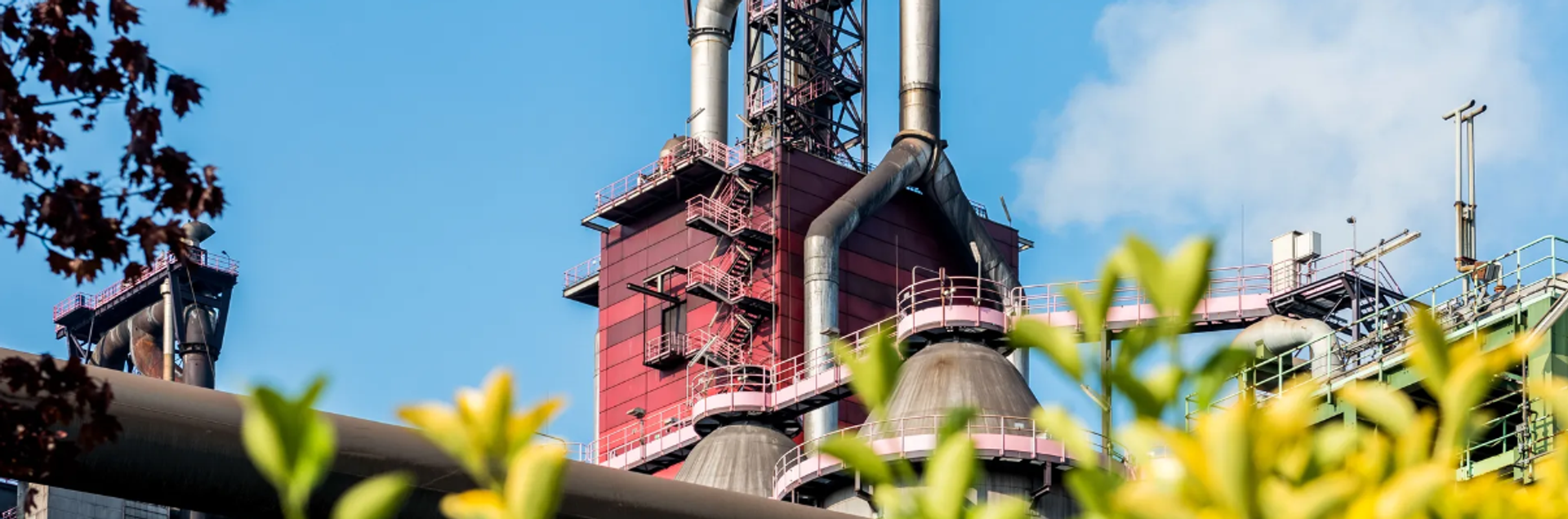 Industriegebäude in rot mit ausladenden Rohren, verschwommene Pflanzen im Vordergrund