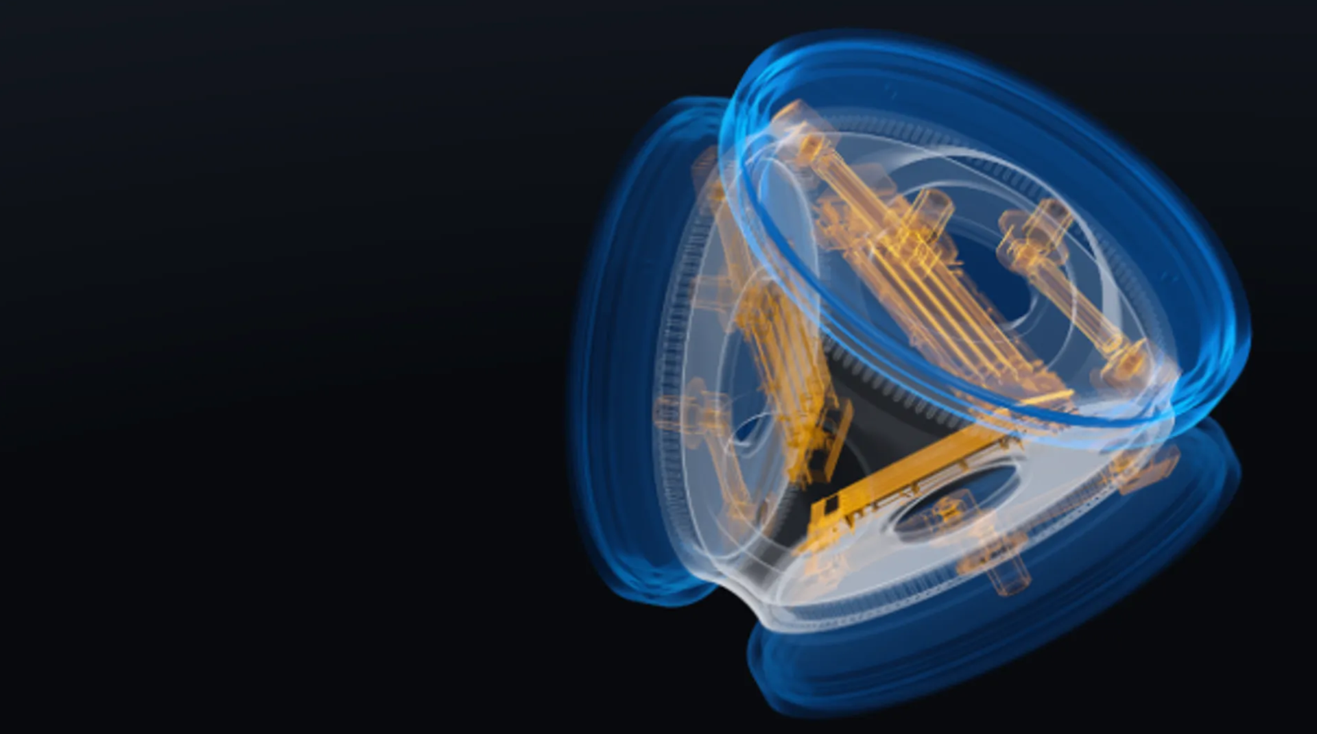 3D rendering of the thyssenkrupp rothe erde Pitch Bearing Unit (PBU): transparent conical bearing housing in blue with the pitch drive mechanism visible in gold.