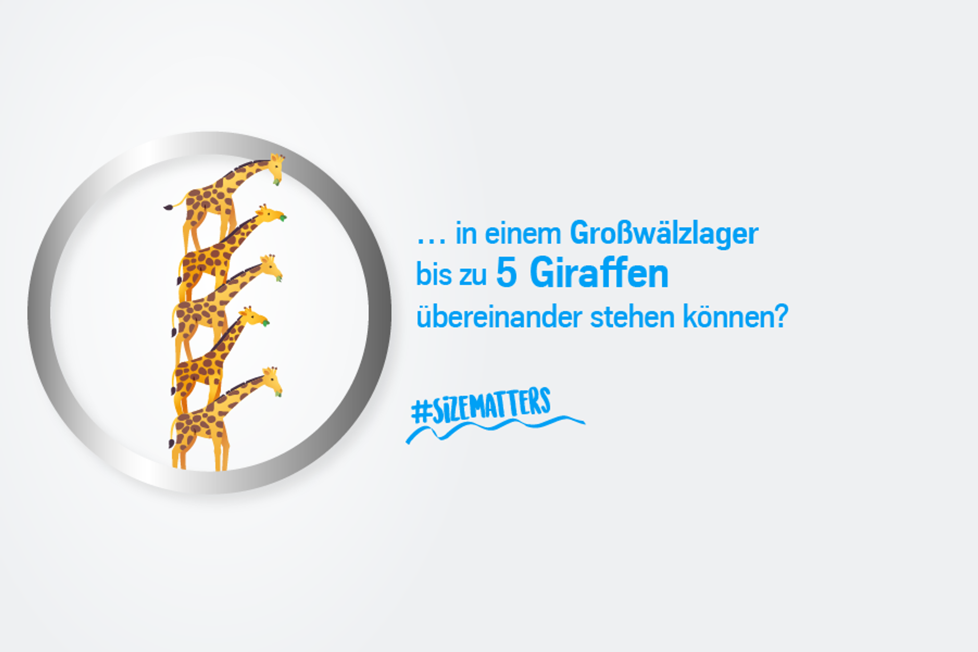 Illustration eines Großwälzlagers, in dem fünf Giraffen übereinander Platz finden könnten. Der Text verdeutlicht die enorme Größe dieser Bauteile.