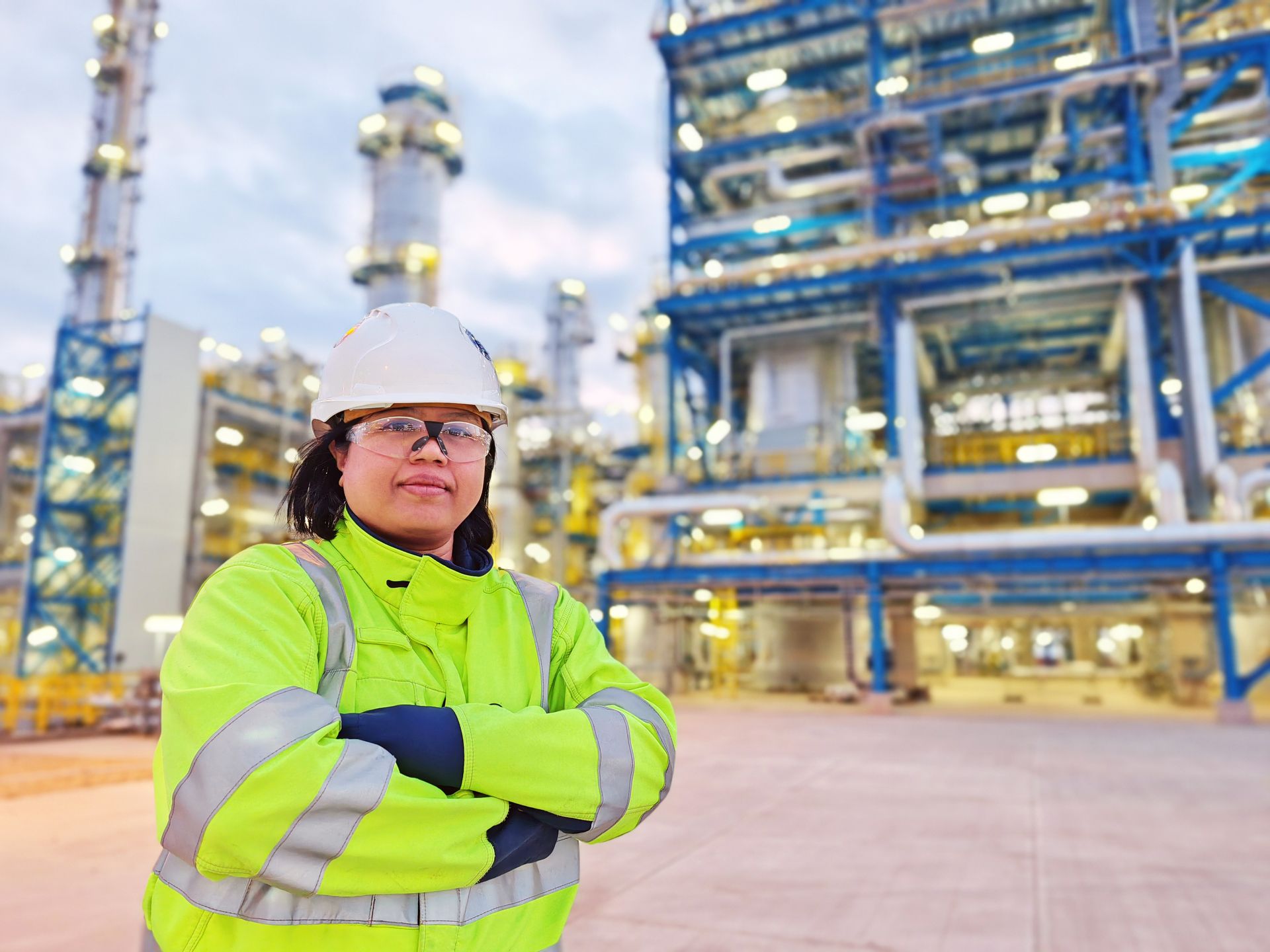Ein Mitarbeiter von thyssenkrupp arbeitet konzentriert mit Schutzhelm und Kettenzug an einem schweren Industriebauteil – Symbol für Präzision, Sicherheit und technische Kompetenz in der Produktion.