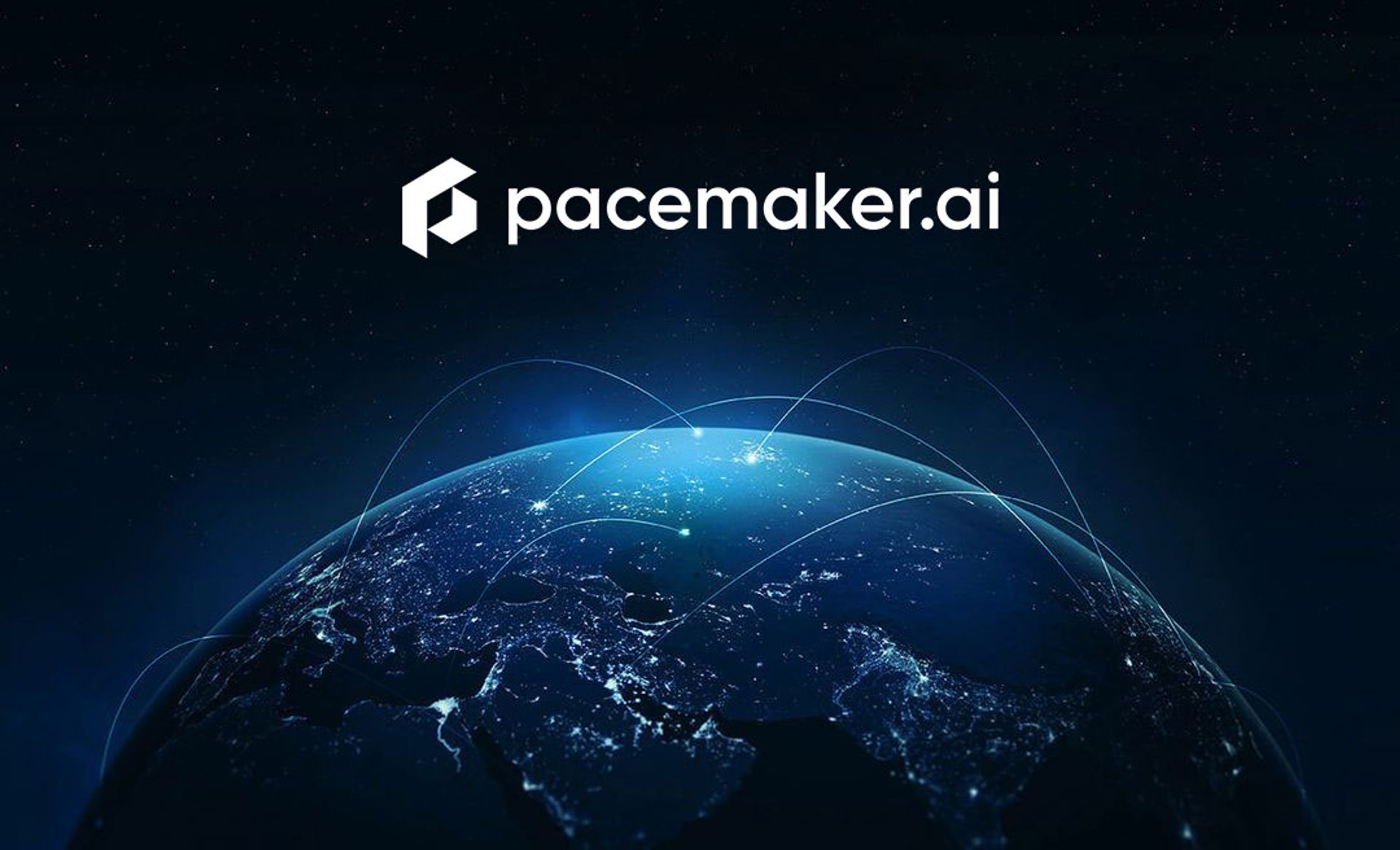 Das Logo von pacemaker.ai über einer digital vernetzten Erde. Die Darstellung symbolisiert den Einsatz von KI und Datenanalyse, um globale Lieferketten zu optimieren und Nachhaltigkeitsdaten transparent zu machen.