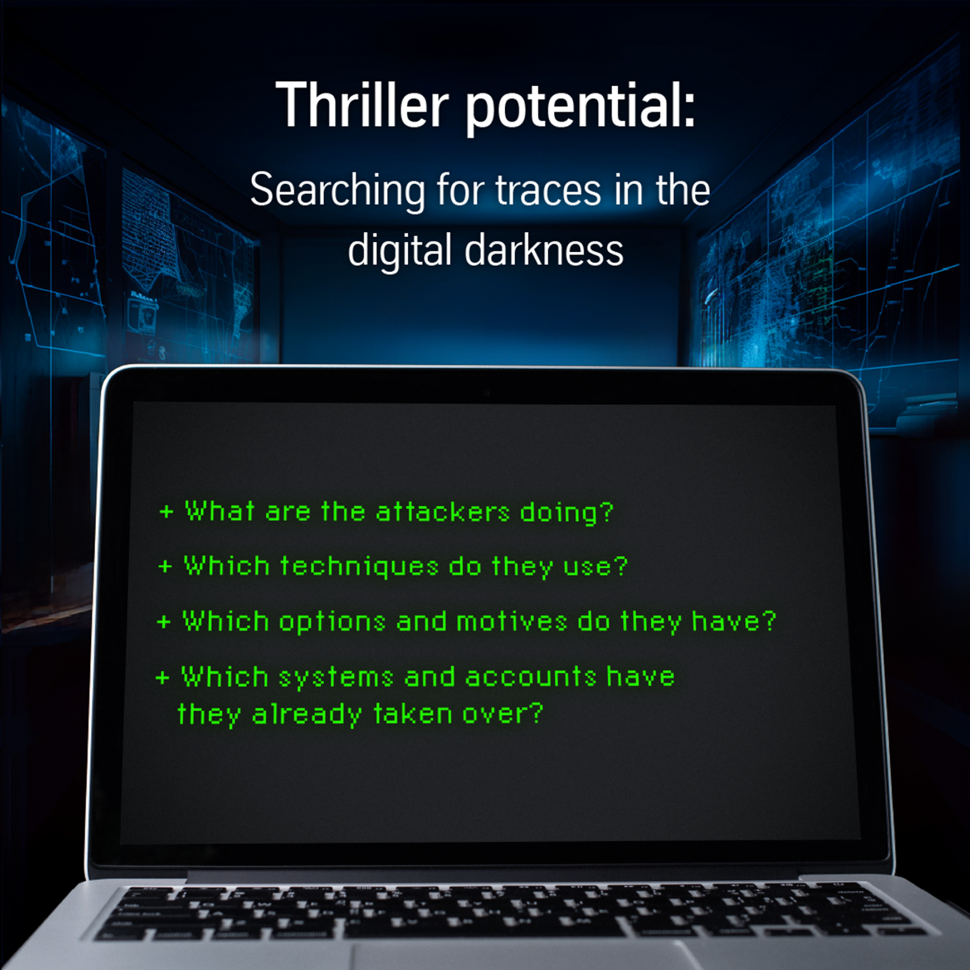 Laptop displaying cyber attack analysis questions, representing threat detection, security analysis and strategies to prevent digital attacks.