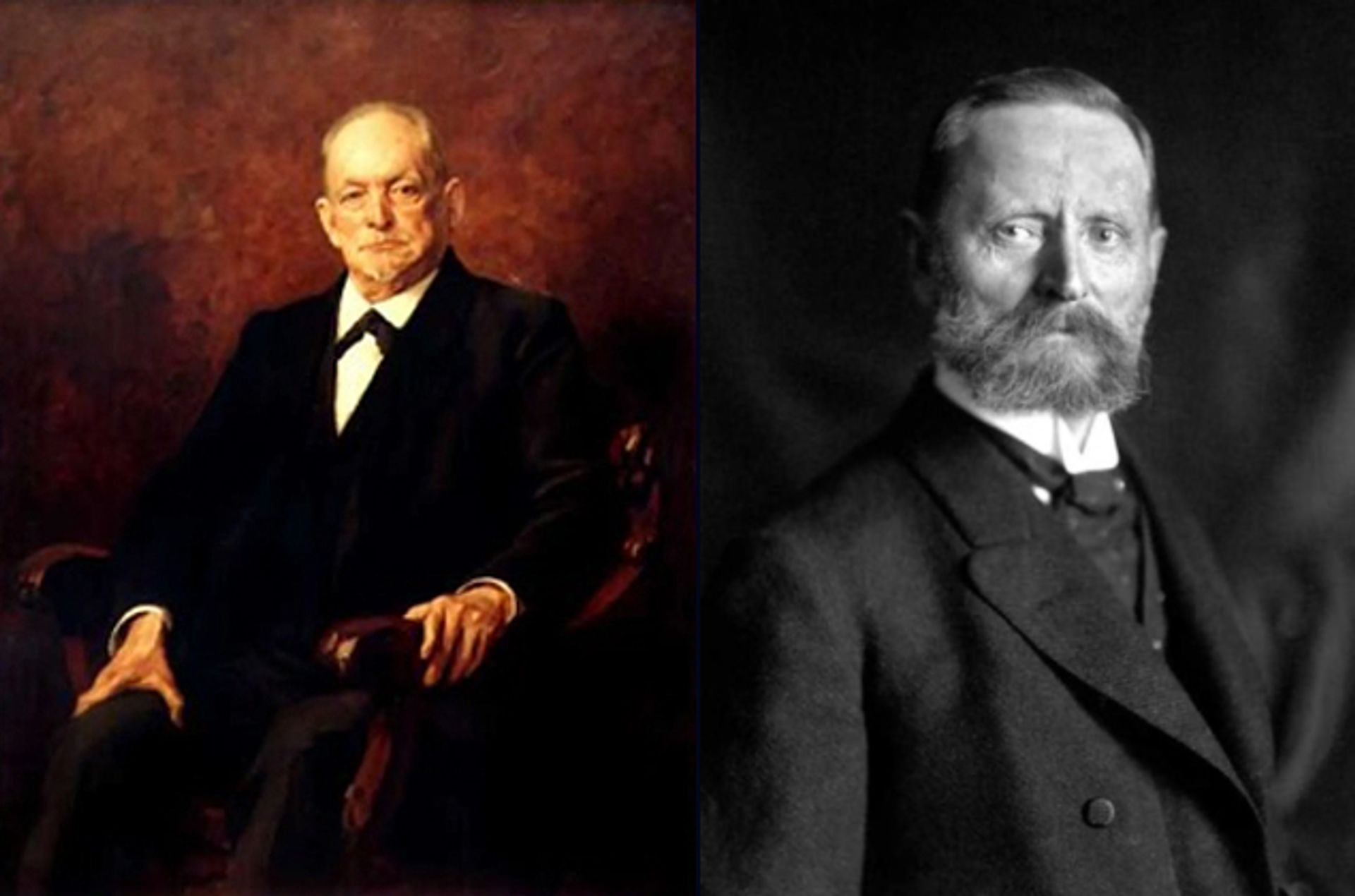 Doppelporträt: links Gemälde von August Thyssen um 1917, rechts Fotografie seines Bruders Joseph Thyssen um 1900.