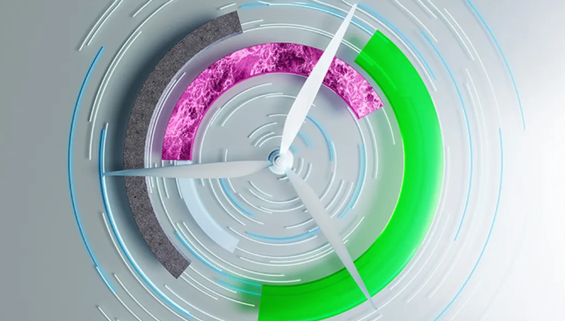 Abstrakte Visualisierung einer Windkraftanlage mit farbigen Segmenten zur Darstellung nachhaltiger Energie und grüner Transformation