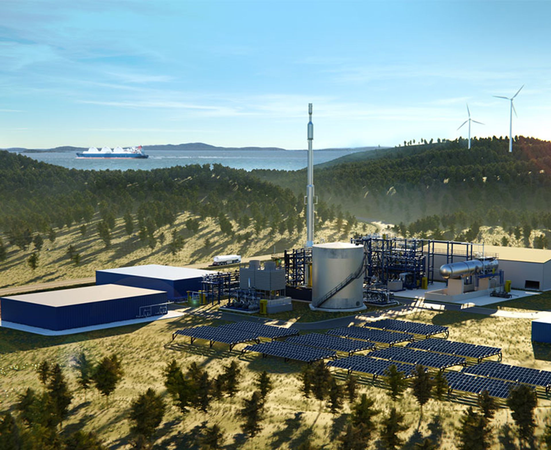 Rendering einer Ammoniakanlage mit Solarmodulen und Windenergieanlagen