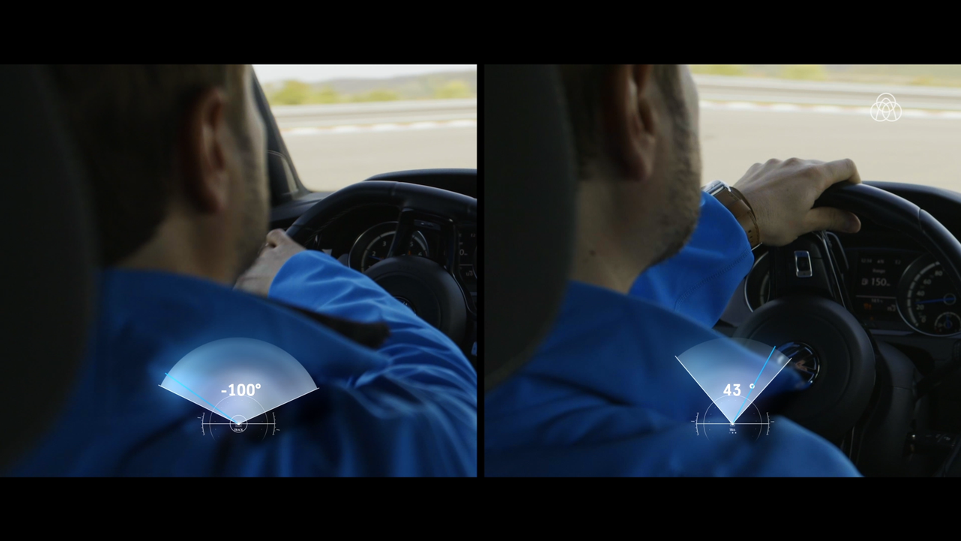 Visualisierung der variablen Lenkübersetzung in einem Steer-by-Wire-Testfahrzeug von thyssenkrupp Automotive Technology. Die eingeblendeten Lenkwinkel zeigen, wie sich die elektronische Lenkung an unterschiedliche Fahrsituationen anpasst.