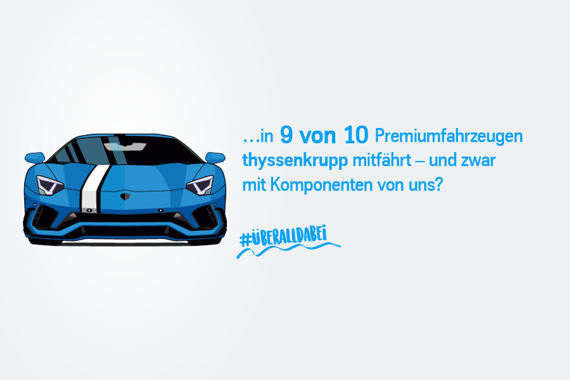Grafik eines blauen Sportwagens mit dem Hinweis, dass in 9 von 10 Premiumfahrzeugen Komponenten von thyssenkrupp verbaut sind.
