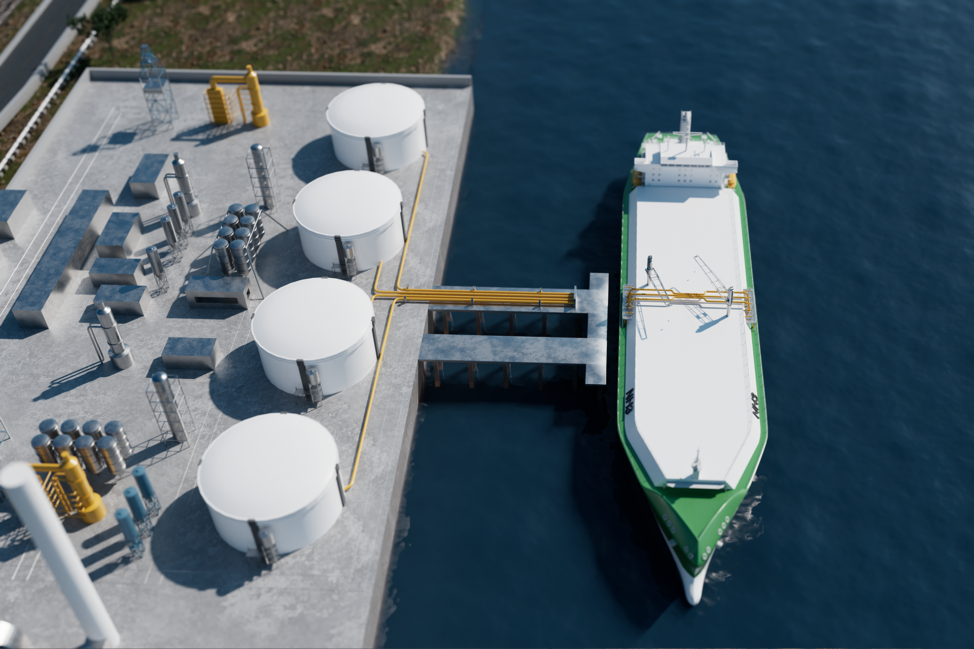 Ammonia tanker at a terminal with storage tanks and pipelines