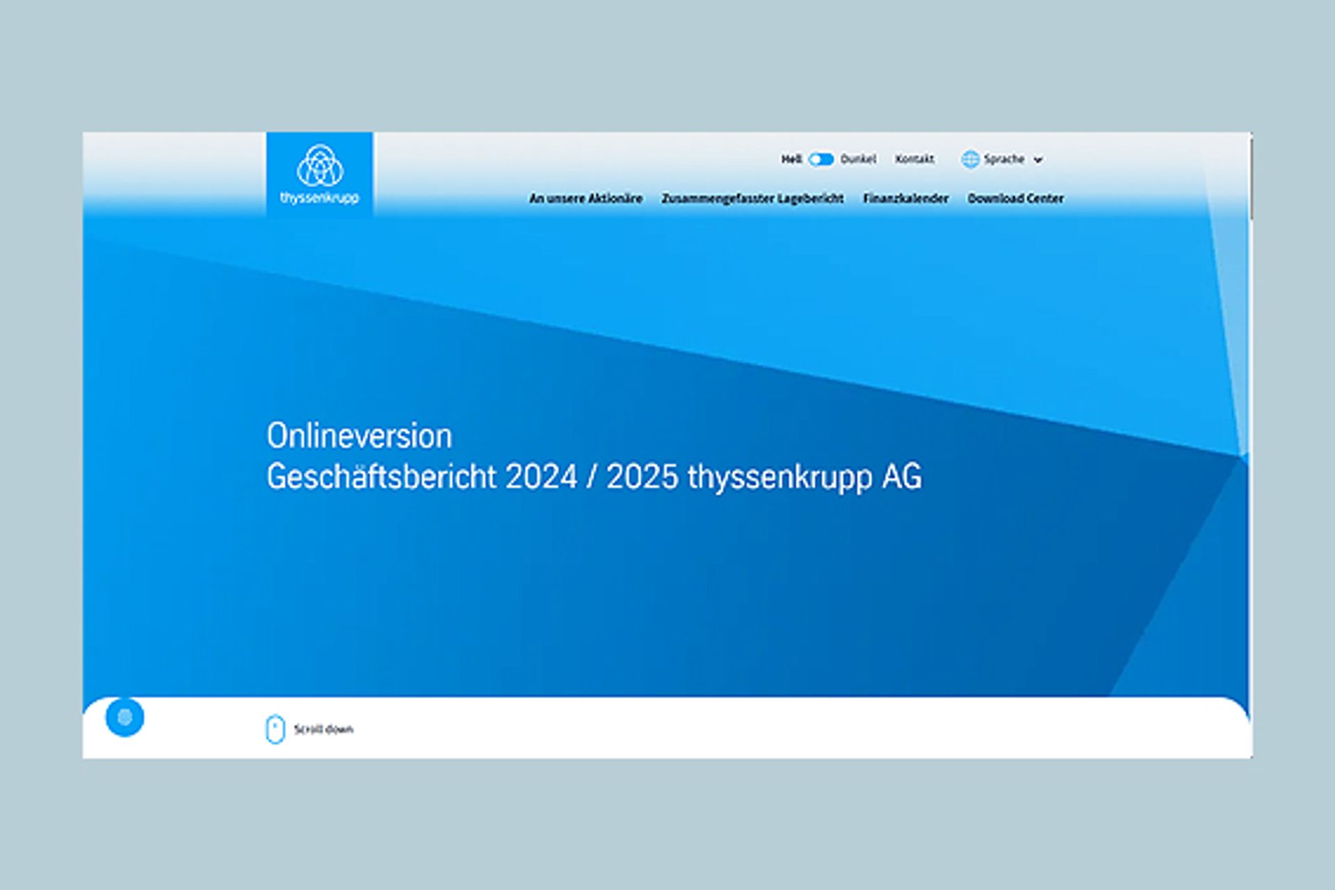 Startseite der Onlineversion des thyssenkrupp Geschäftsberichts 2024/2025