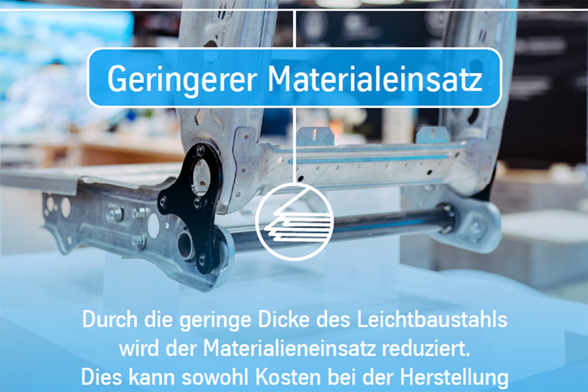 Infografik zum Vorteil ‚Geringerer Materialeinsatz‘, Leichtbaustahl reduziert Materialverbrauch durch geringe Bauteildicke
