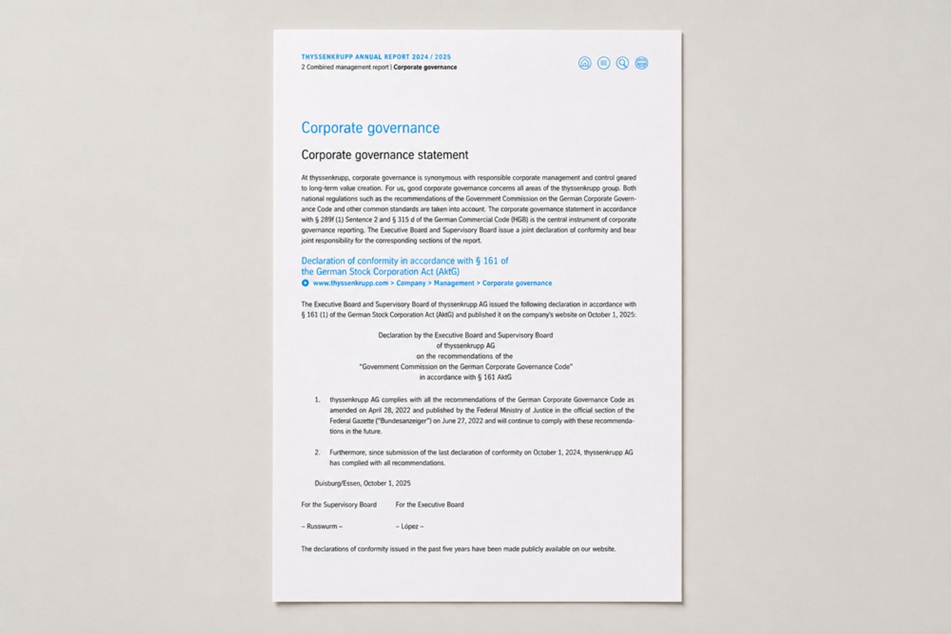 Corporate Governance Statement thyssenkrupp AG