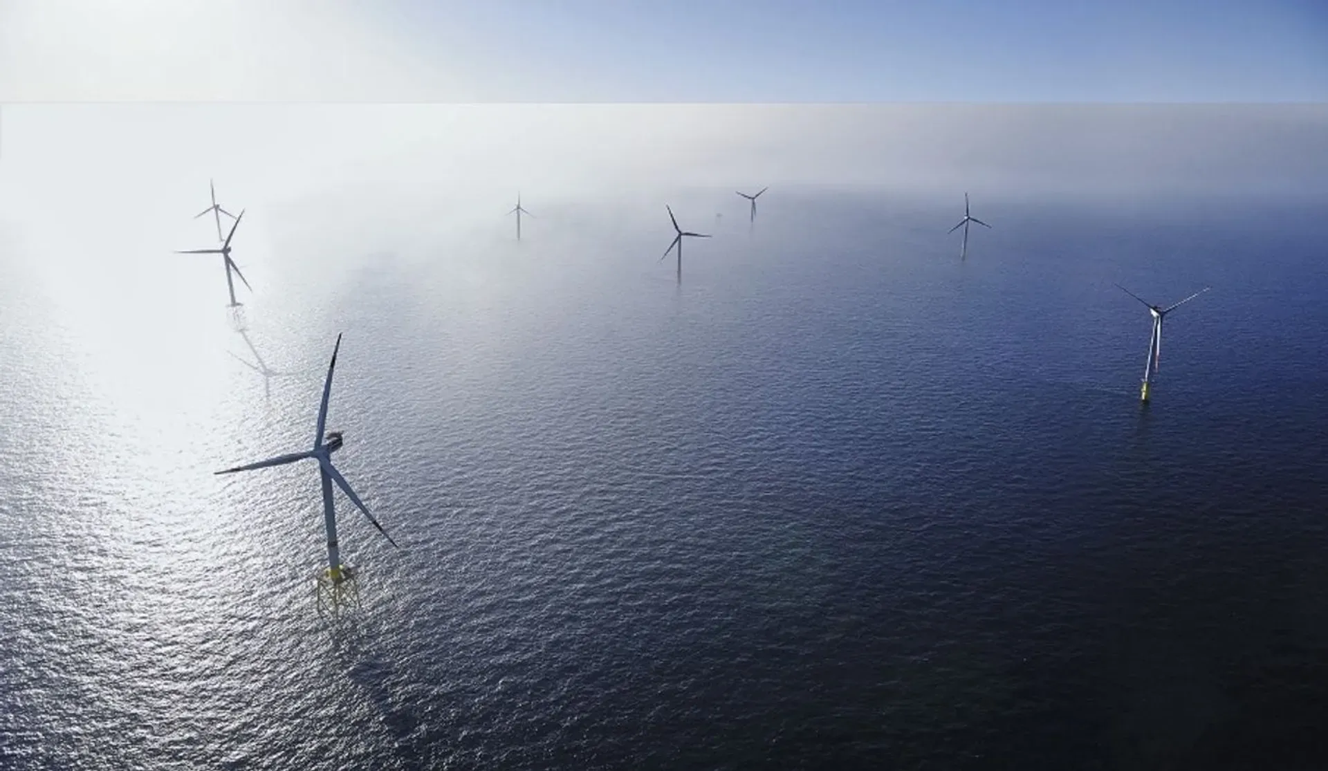 Luftaufnahme eines Offshore-Windparks mit mehreren Windkraftanlagen im Meer – ein Einsatzgebiet für Meeresbodenvermessung durch die SeaCat.