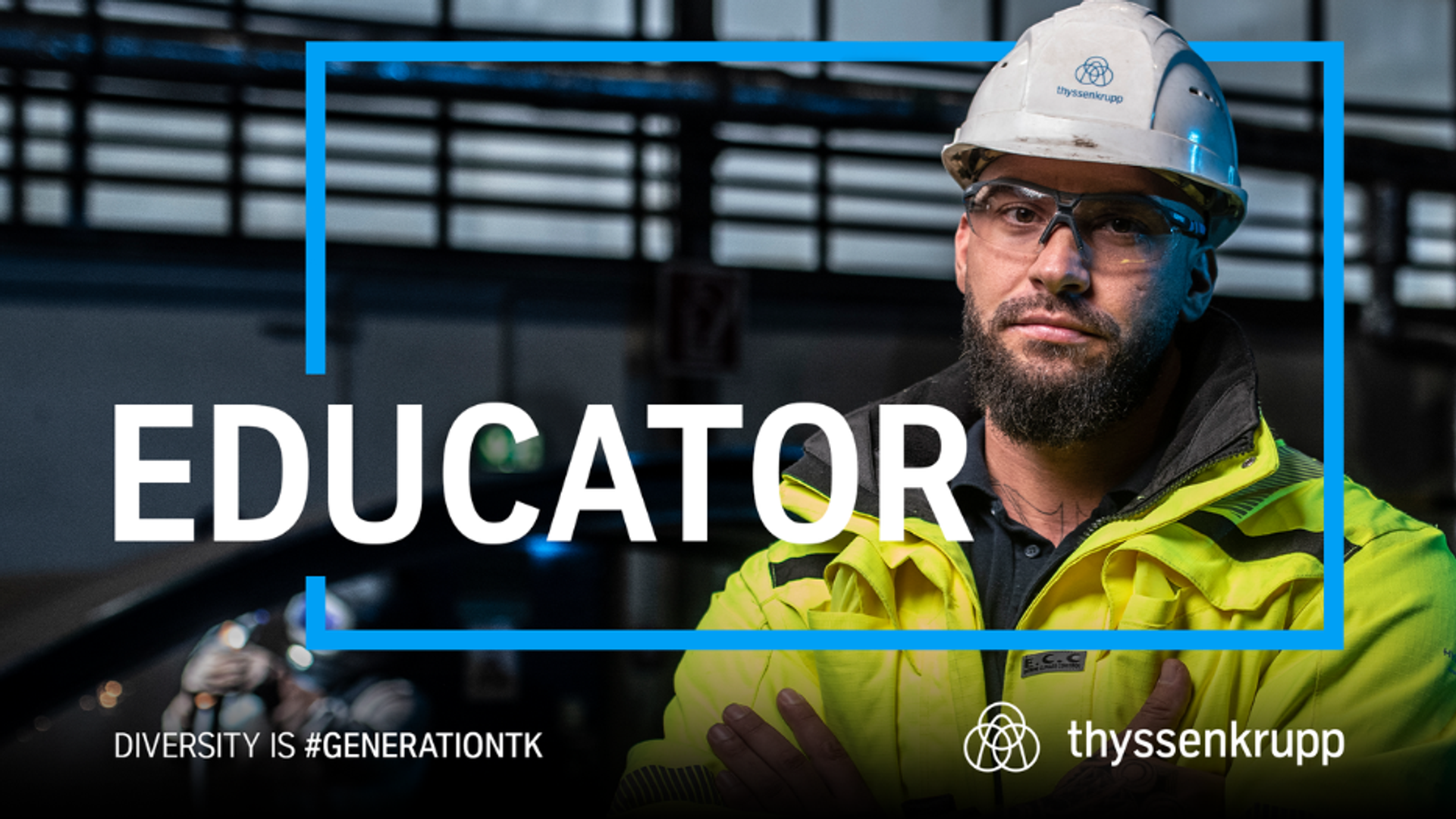 male read person with beard, wearing safety helmet and goggles. in the foreground the lettering "ERZIEHER"