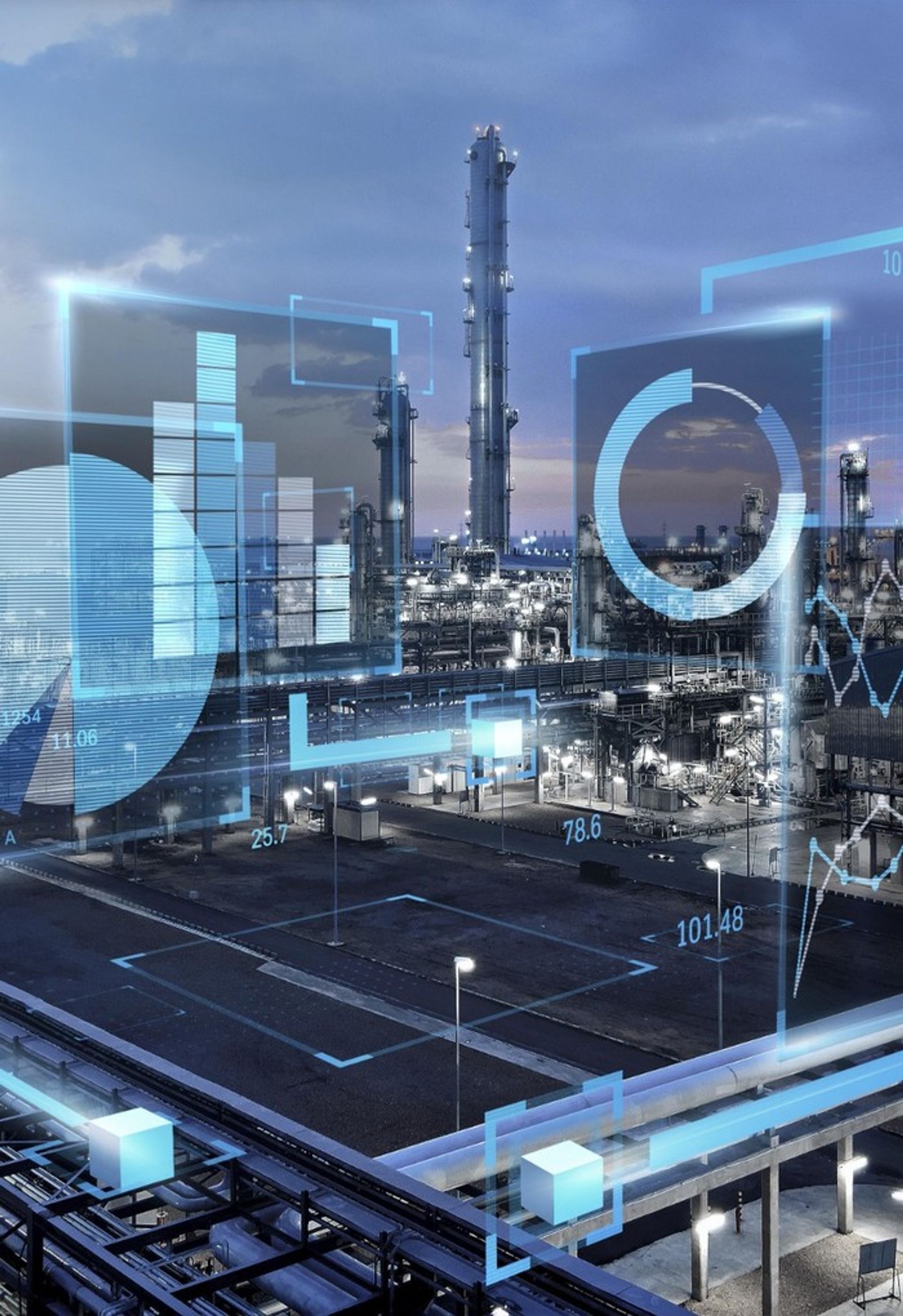 Chemieanlage mit eingeblendeten digitalen Dashboards und Sensordaten von thyssenkrupp Uhde.