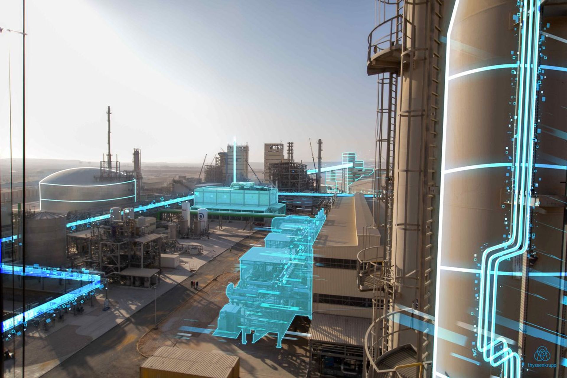 Industrieanlage von thyssenkrupp Uhde mit digitaler Visualisierung der Anlagenkomponenten als Beispiel für digitale Infrastruktur, digitale Zwillinge und datenbasierte Prozessoptimierung im Anlagenbau.
