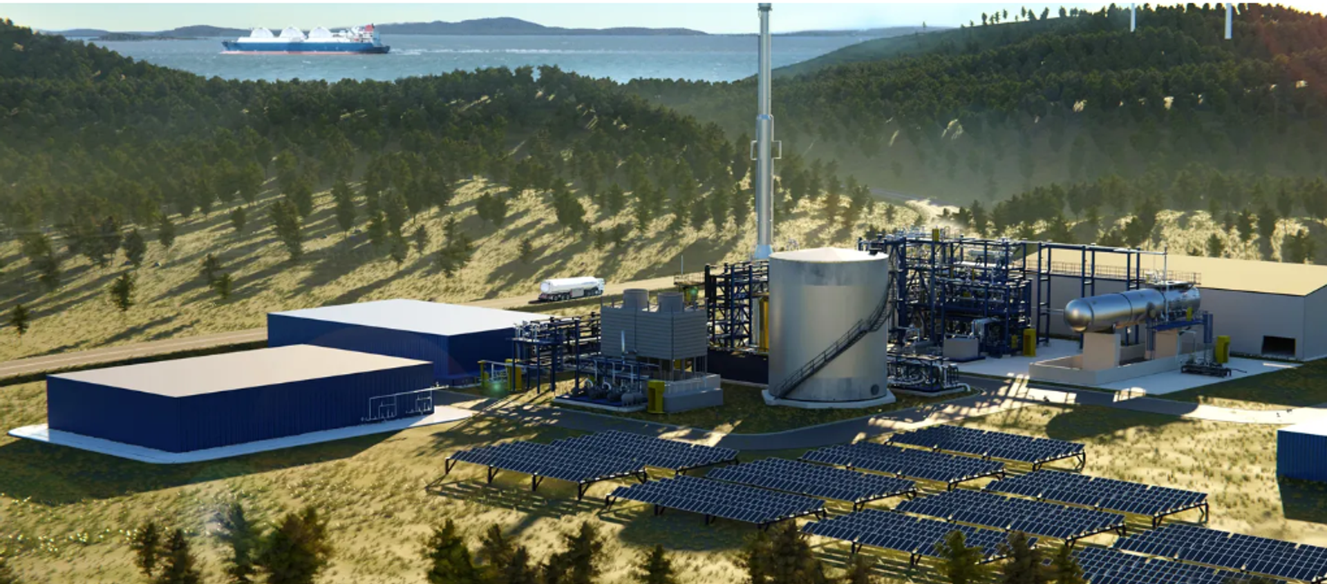 Industrieanlage zur Produktion von grünem Ammoniak, umgeben von Solaranlagen und Windkraftanlagen, zur nachhaltigen Speicherung und zum Transport von Wasserstoff.