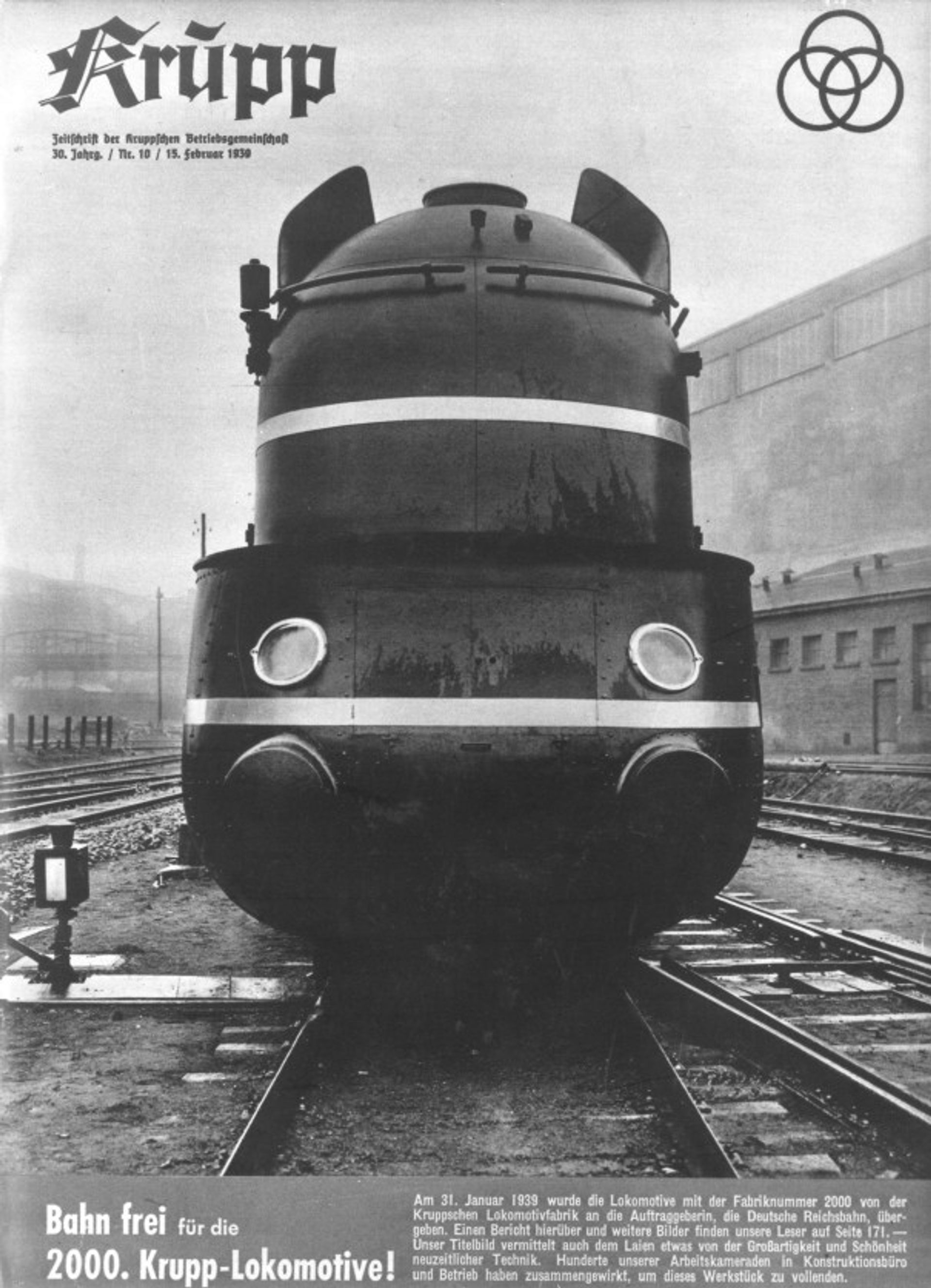 Titelseite der Krupp-Werkszeitschrift von 1939 mit der stromlinienförmigen Dampflokomotive, Fabriknummer 2000.