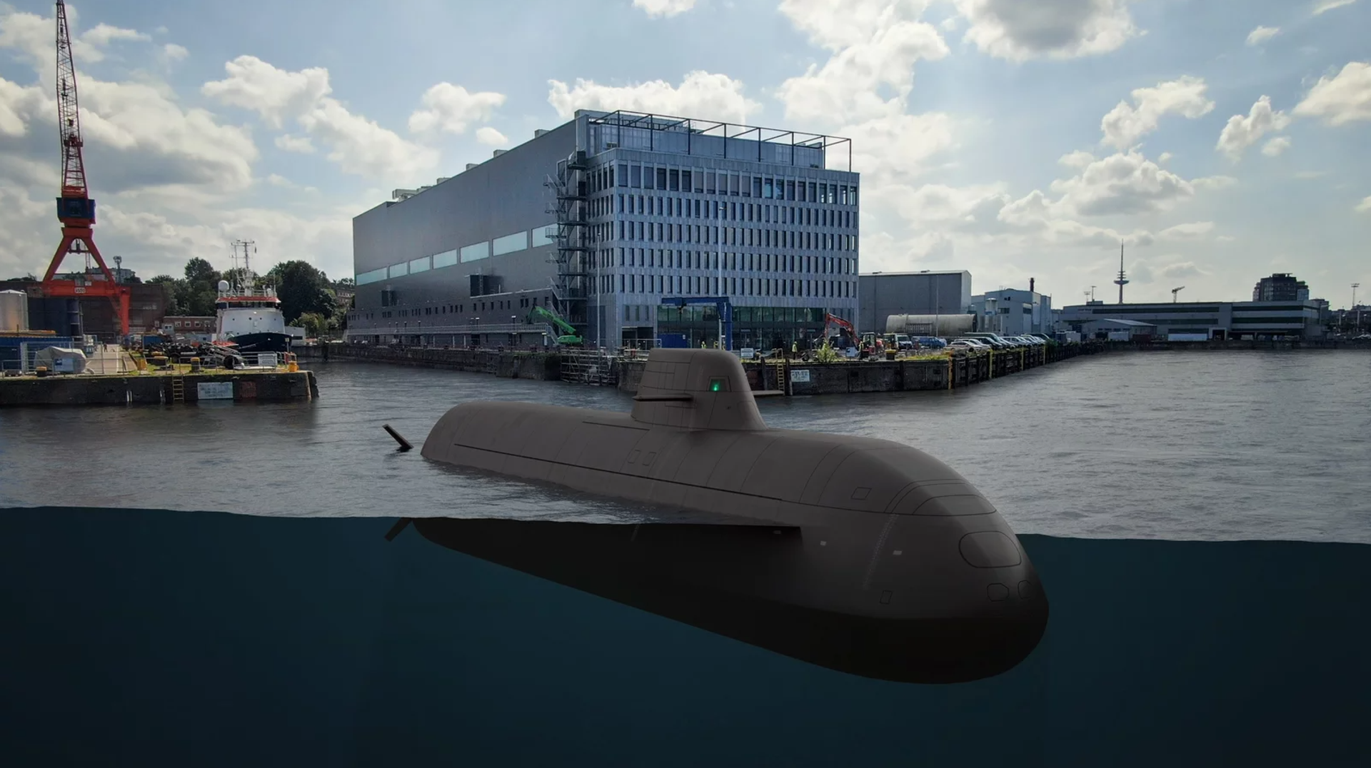 HDW Class 212 CD U-Boot im Werfthafen, kombiniert als Über- und Unterwasseransicht. Das moderne U-Boot nutzt Brennstoffzellen als luftunabhängige Antriebstechnologie.