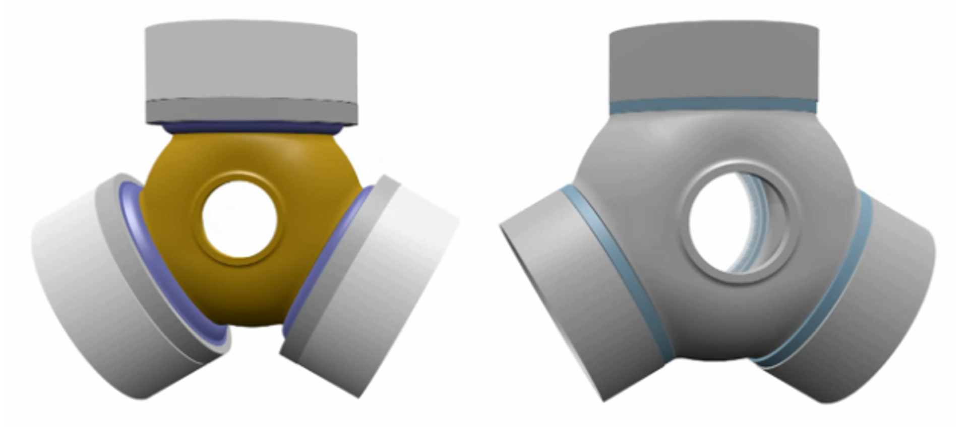 Two three-dimensional representations of a technical respiratory protection or mask module are shown next to each other on a white background. Both objects have a triangular, rounded shape with three connection openings. On the left is a model in shades of yellow and gray, with a central round viewing or filter area and two cylindrical connections angled to the side. The top is flat and gray. On the right is a similar model in shades of gray with blue accent lines. Here, too, there are side connections and a round opening on the front. The surfaces look smooth and technical, as in a computer-generated product visualization.
