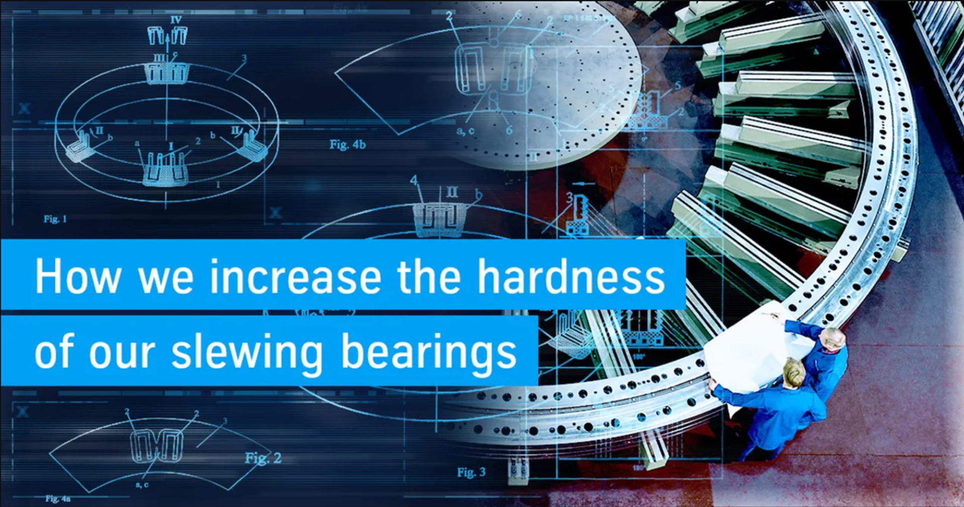 Technical visualization of a slewing bearing with engineering blueprint overlay, illustrating hardness optimization and industrial design.