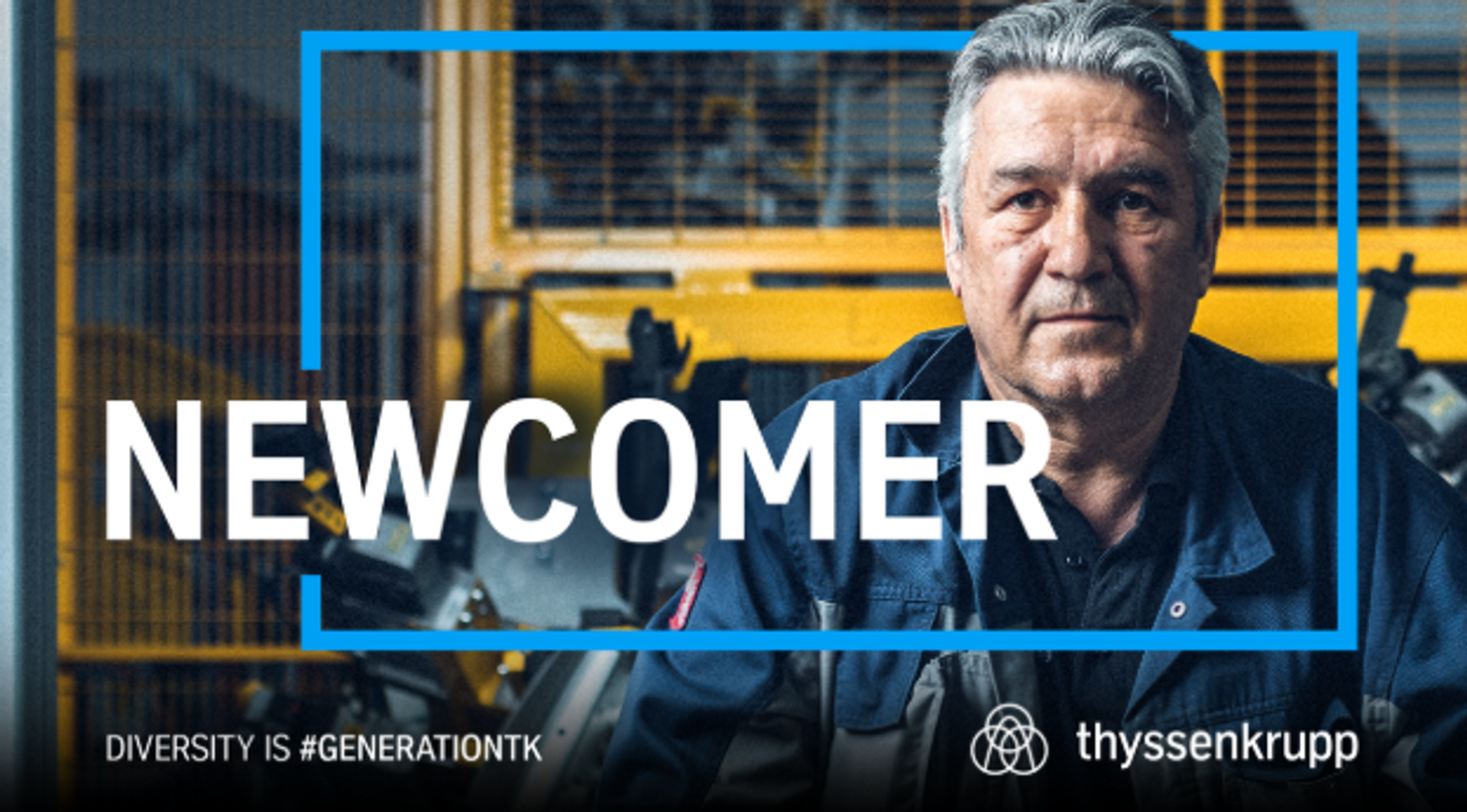 Mann mit ernstem Gesichtsausdruck, grauen kurzen Haaren, im Vordergrund Schriftzug "NEWCOMER"