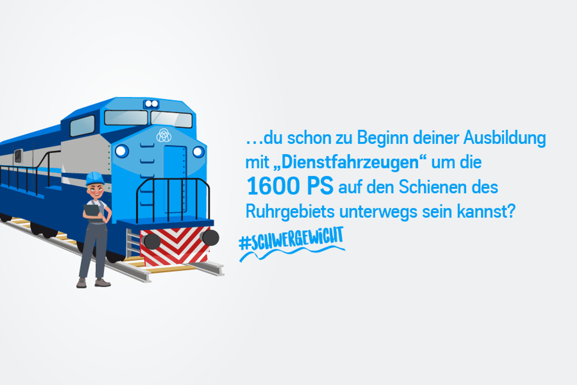 Illustration einer blauen Lokomotive mit Text, der erklärt, dass Auszubildende schon zu Beginn ihrer Ausbildung mit Fahrzeugen von 1600 PS im Ruhrgebiet unterwegs sein können.