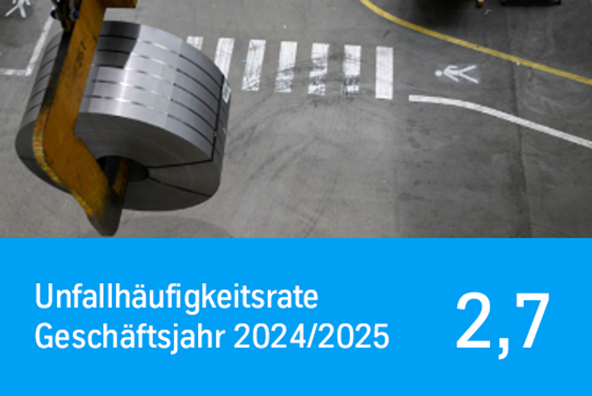Grafik mit Stahlcoil am Kranhaken über Werkshallenboden; Unfallhäufigkeitsrate im Geschäftsjahr 2024/2025: 2,7.