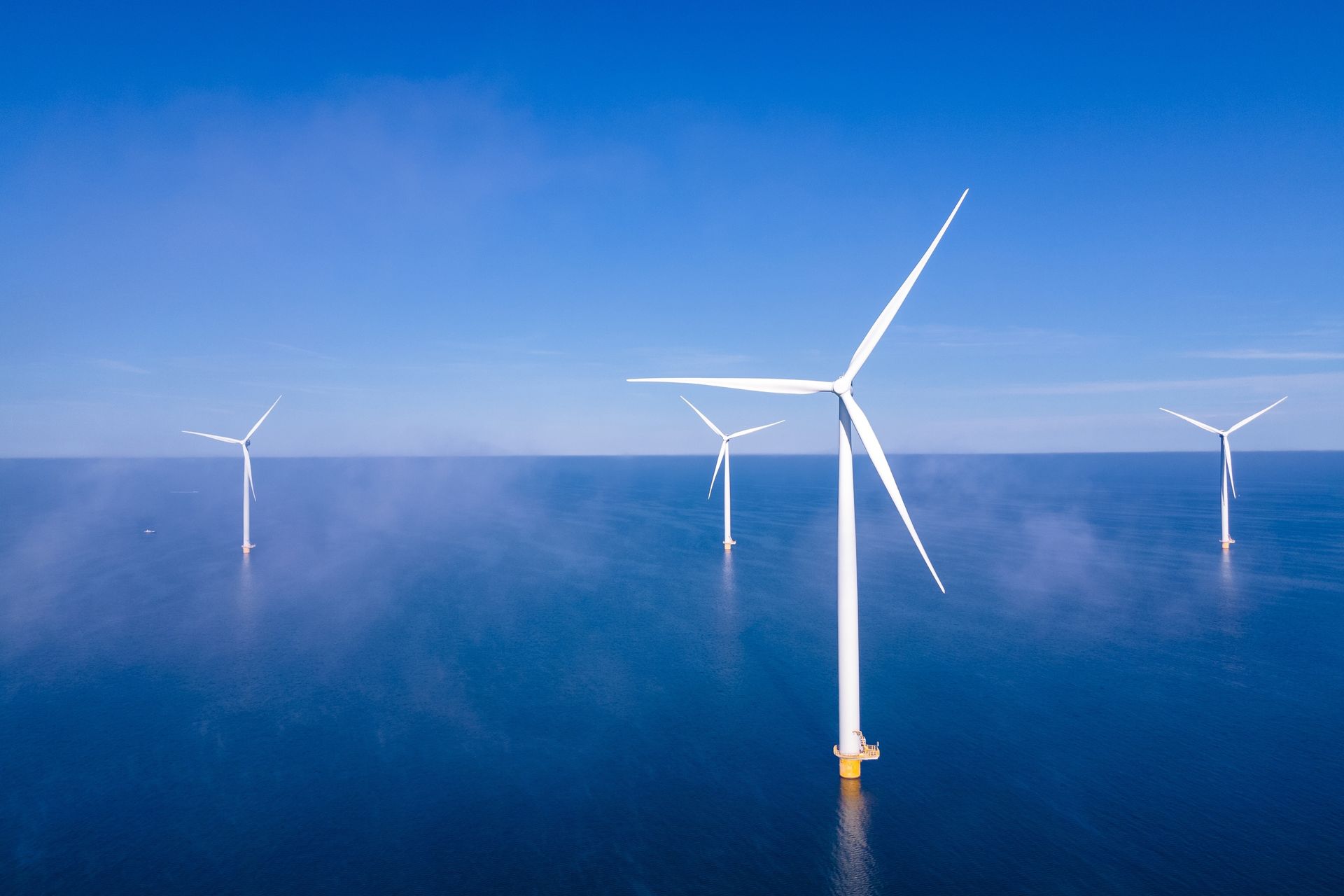 Vier Offshore-Windkraftanlagen stehen im offenen Meer unter blauem Himmel. Die digitale Condition-Monitoring-Lösung von thyssenkrupp rothe erde überwacht den Zustand der Großwälzlager kontinuierlich und ermöglicht eine vorausschauende Planung von Wartungsarbeiten.