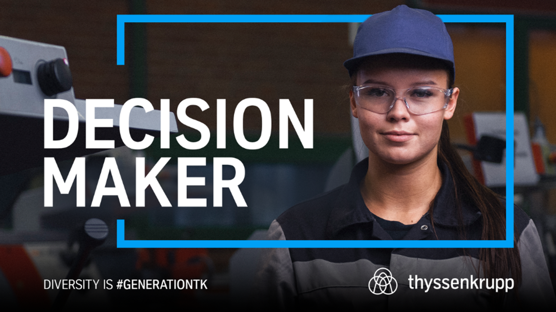 female read person in work jacket and dark blue cap, friendly strong face, lettering "ENTSCHEIDERIN" in the foreground