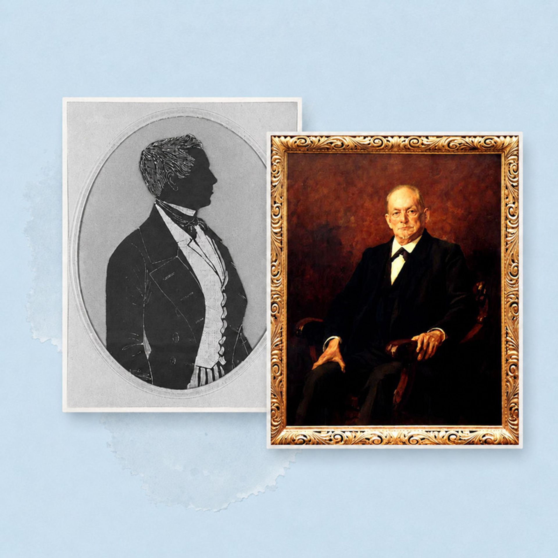 Kombination aus einer Büste von August Thyssen sowie einem Gemälde von Friedrich Krupp.