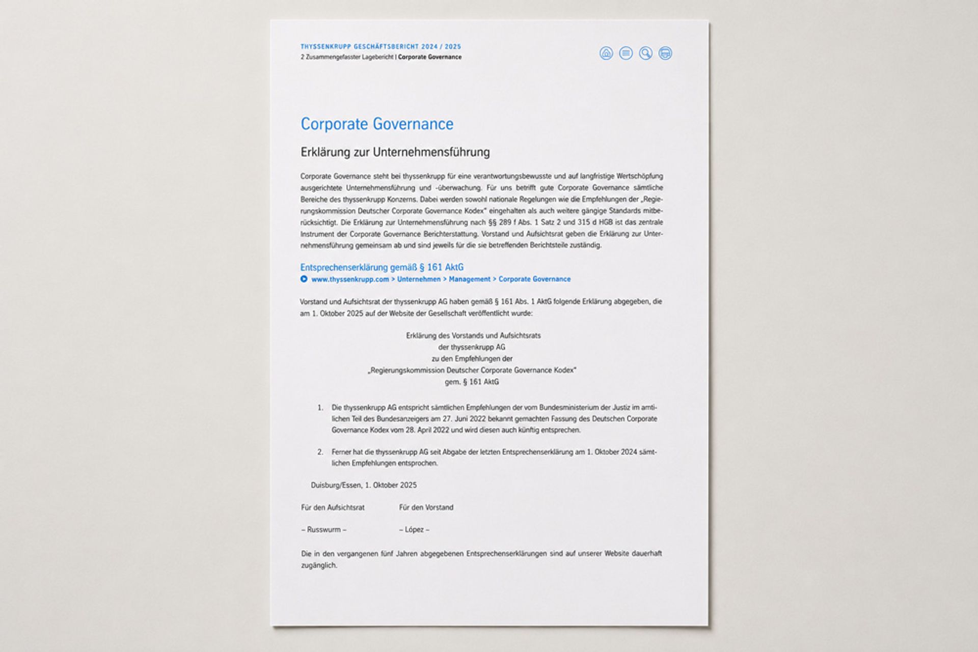 Erklärung zur Unternehmensführung thyssenkrupp GJ 2024/2025