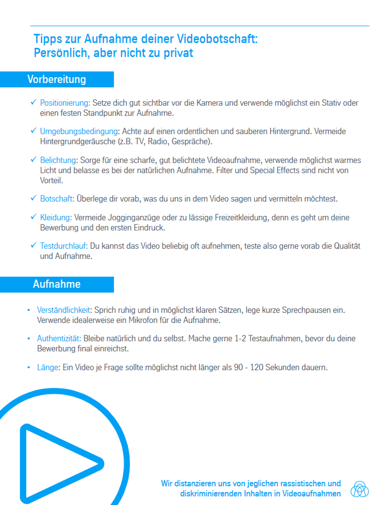 Darstellung Tipps und Tricks zur Videobewerbung