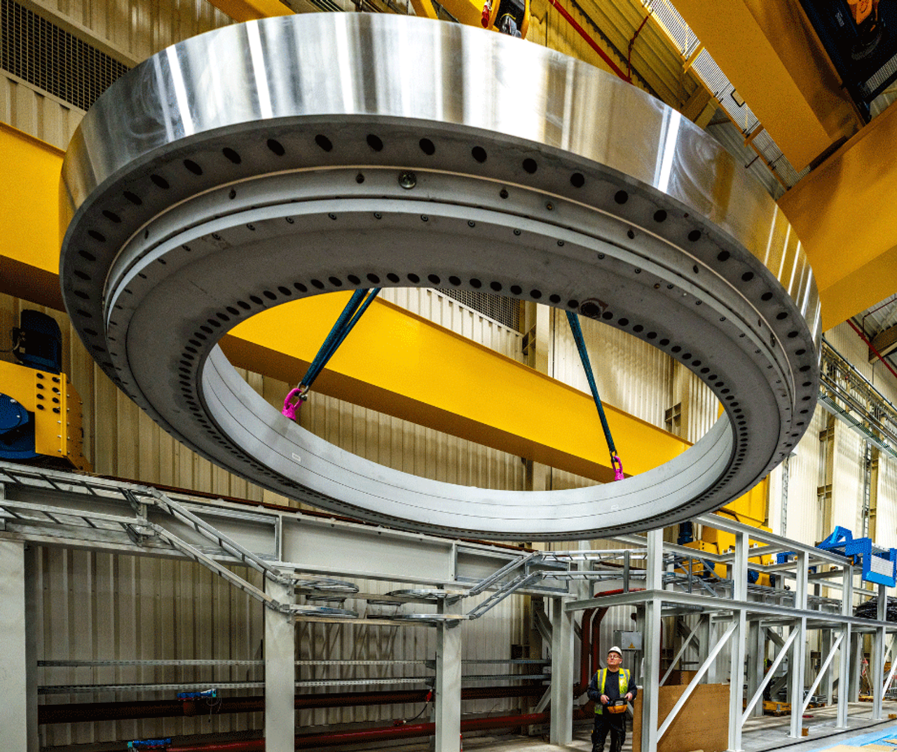 Slewing bearing on a crane, photographed from below