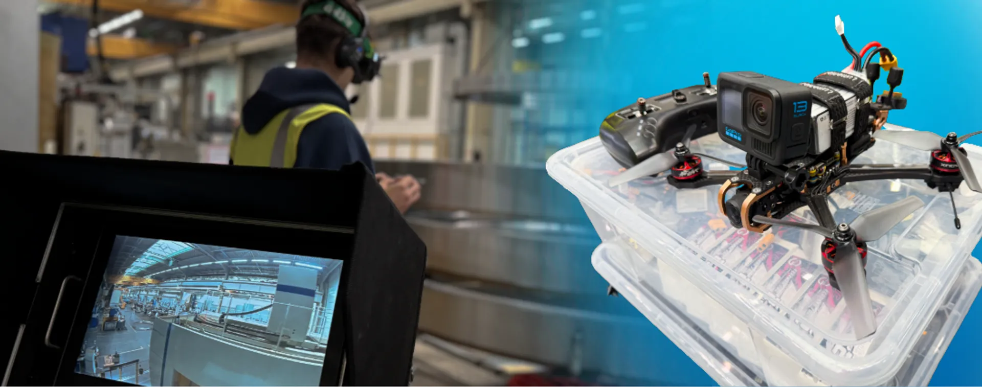 Collage aus einer VR-Brille, Screen und einer Person mit VR Brille