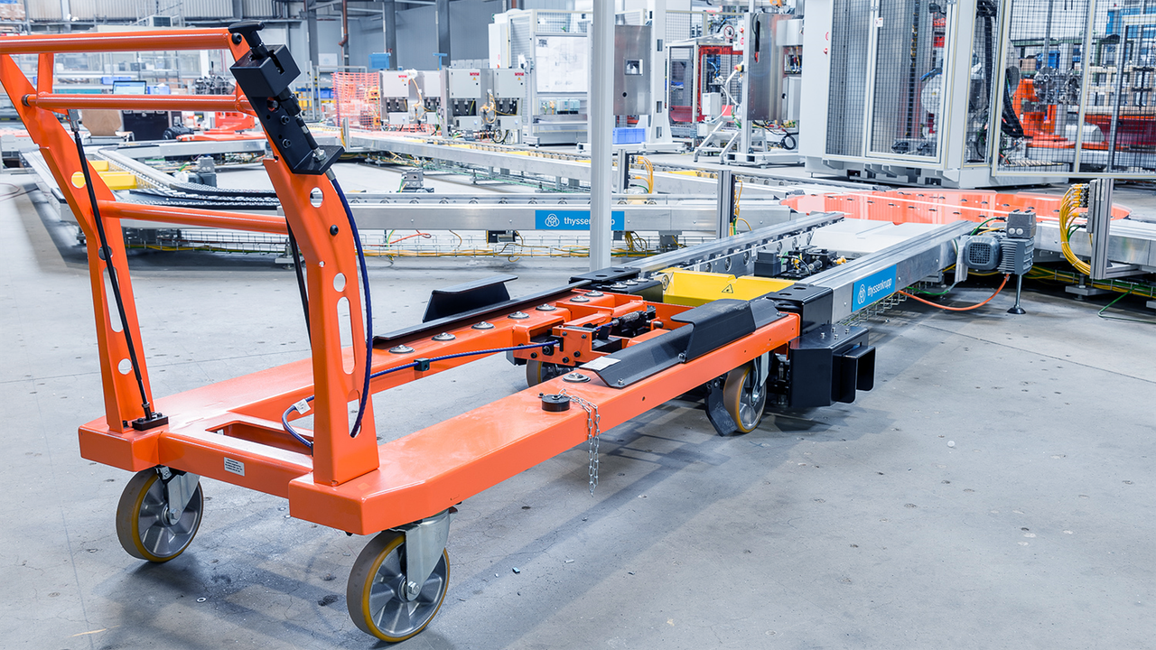 Transport system with a feed via a trolley