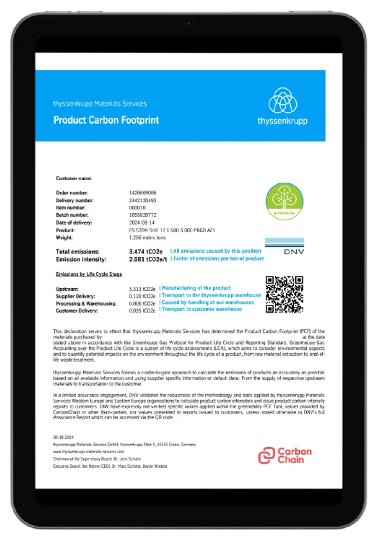 Ein umfassender PCF Report von thyssenkrupp Schulte zeigt die detaillierte CO2-Bilanz eines Produkts