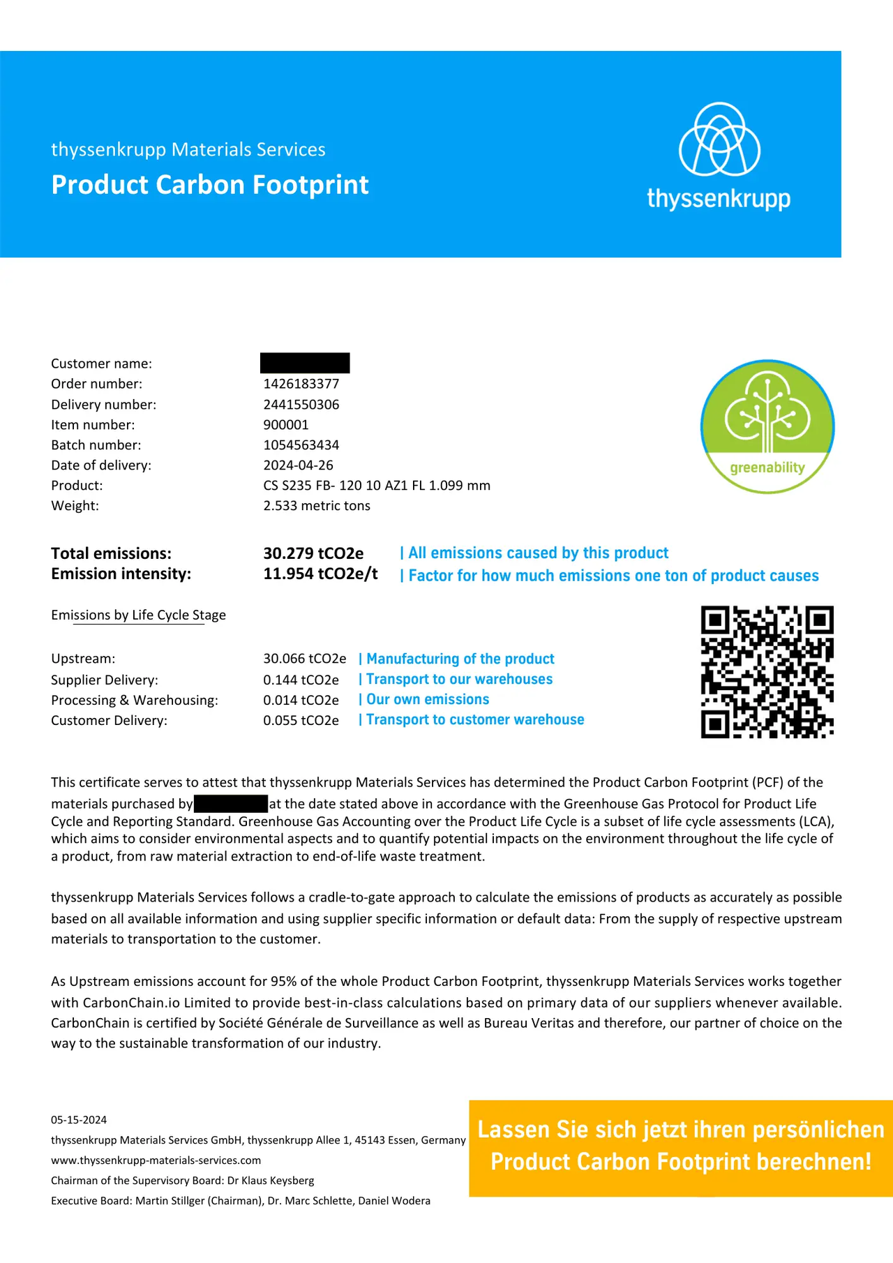 thyssenkrupp Materials karbonlábnyom beszámoló (PCF)