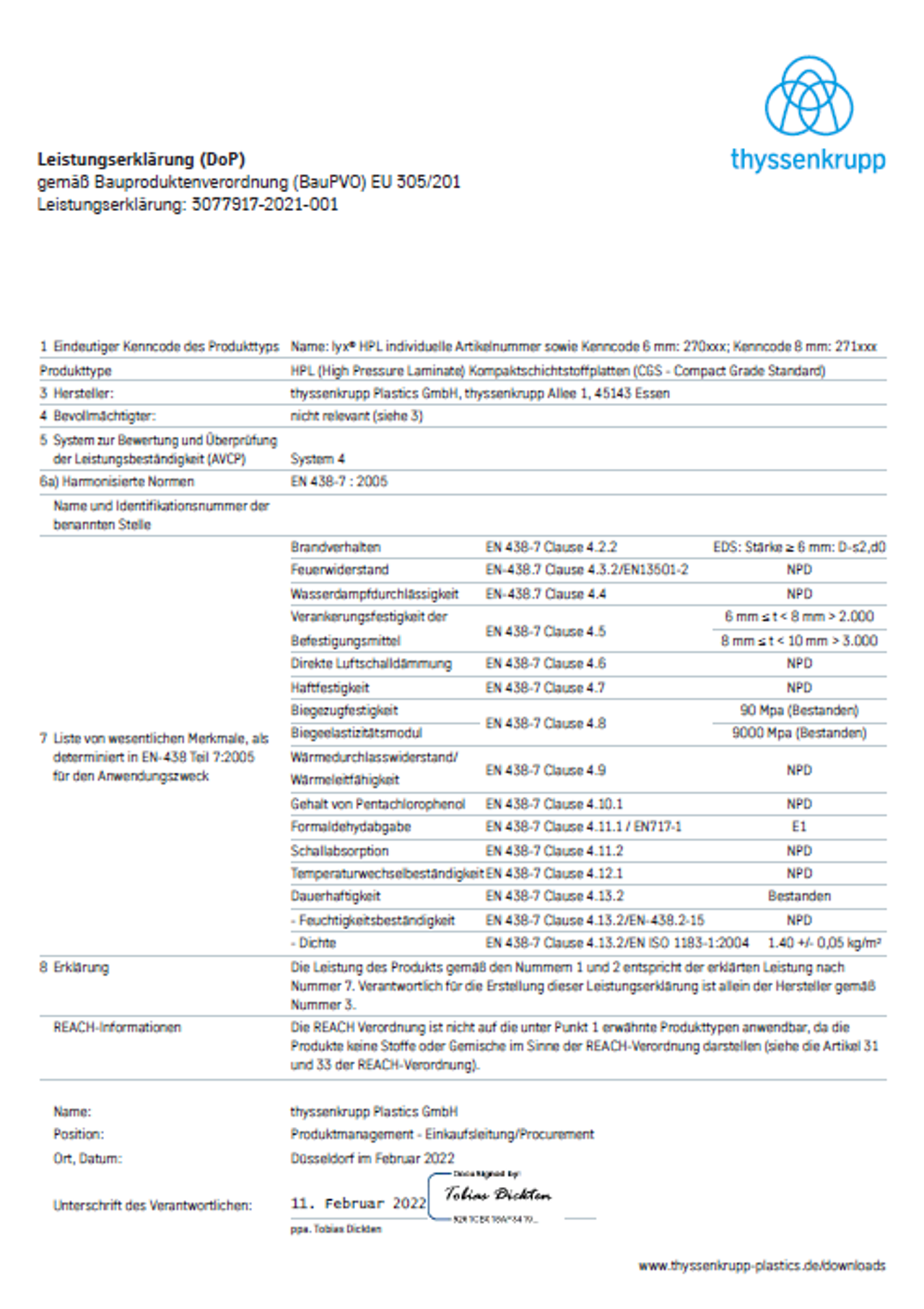 lyx® HPL Schichtstoffplatten Leistungserklärung BauPVO (DoP)