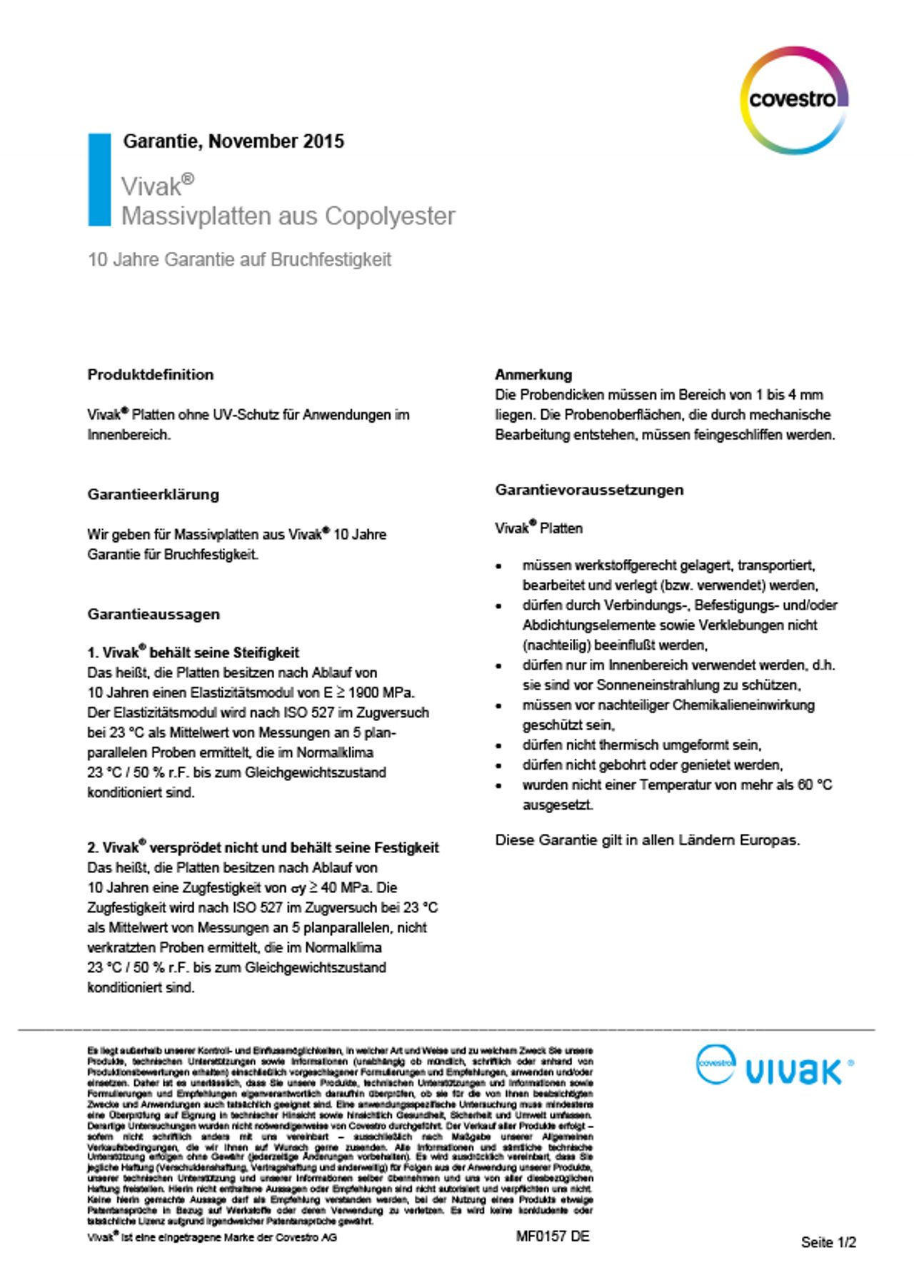 VIVAK® thermoplastische Copolyesterplatten Garantieerklärung