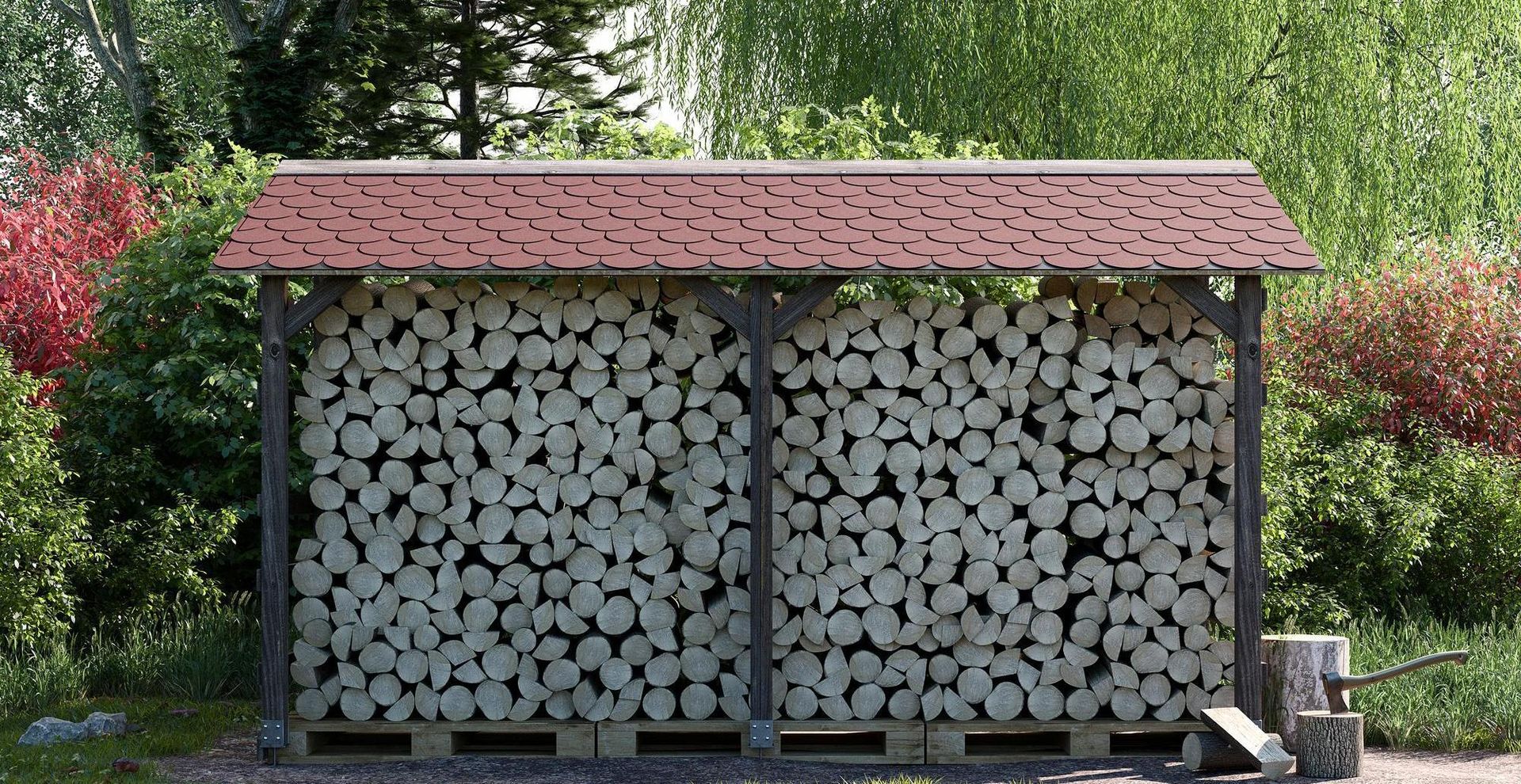 Überdachung Holzlager mit Bitumenschindeln Biber rot