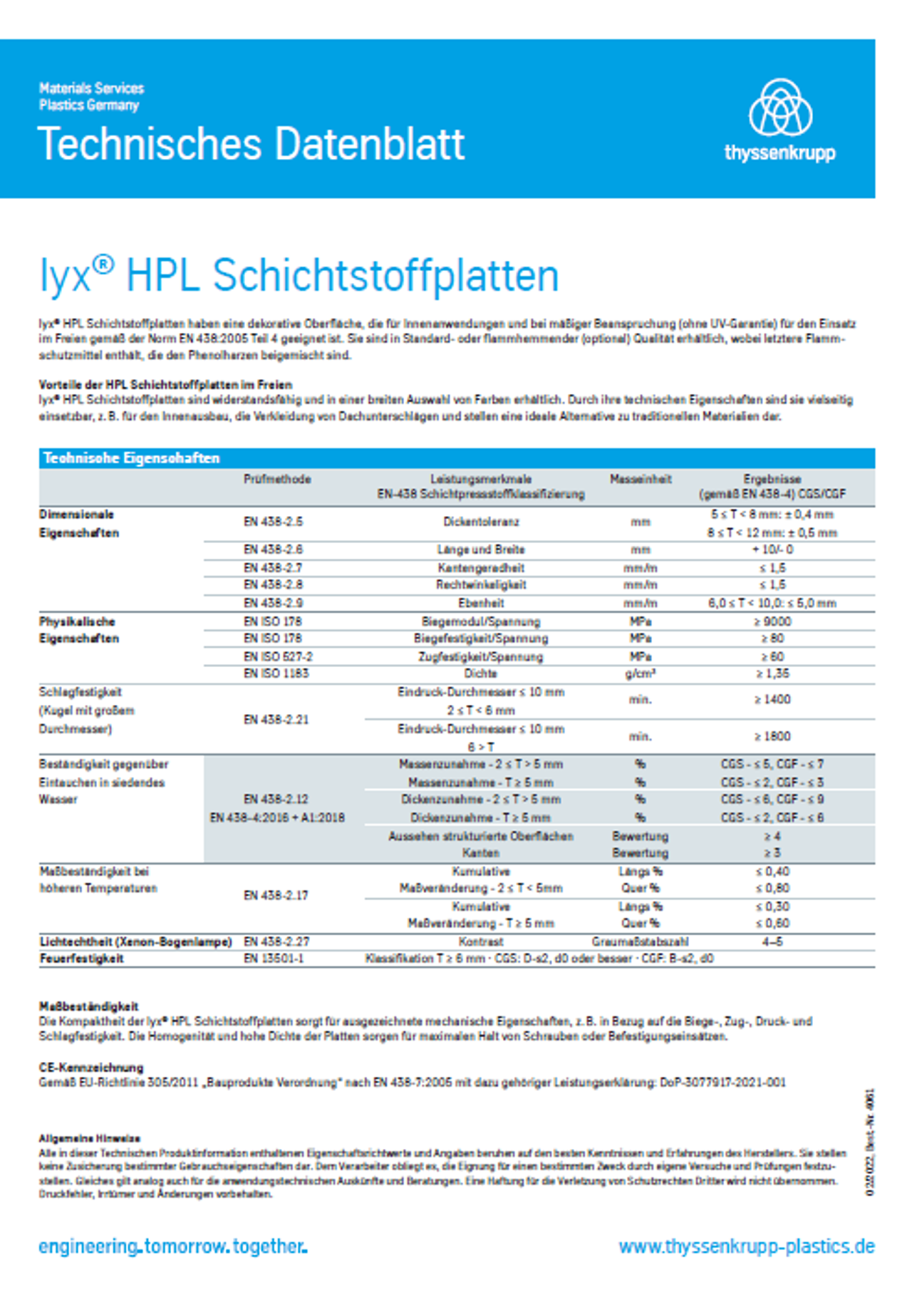 lyx® HPL Schichtstoffplatten Technisches Datenblatt