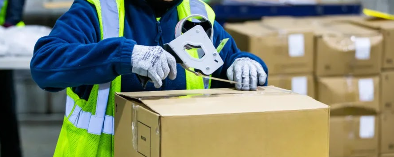 worker packaging a box at a thyssenkrupp local warehousing partner